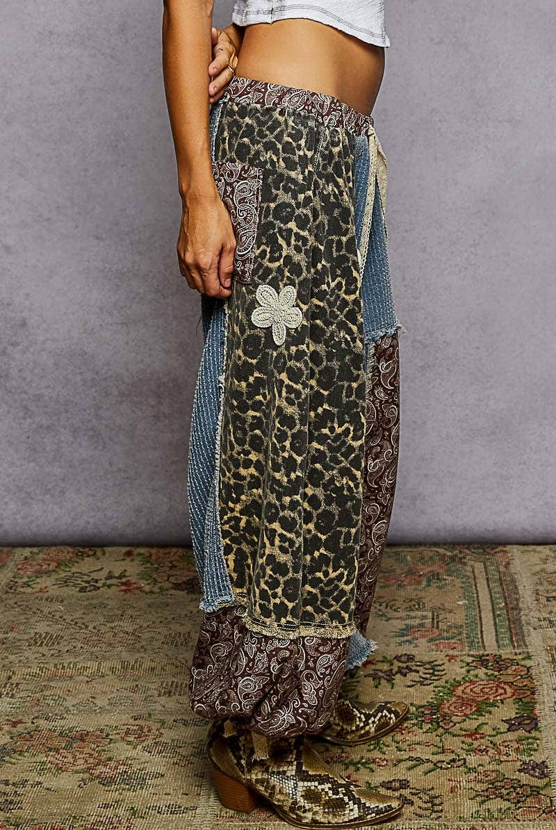 Crochet patch detail contrast patchwork printed woven pants-Pants-Pol Clothing-Stuffology - Where Vintage Meets Modern, A Boutique for Real Women in Crosbyton, TX