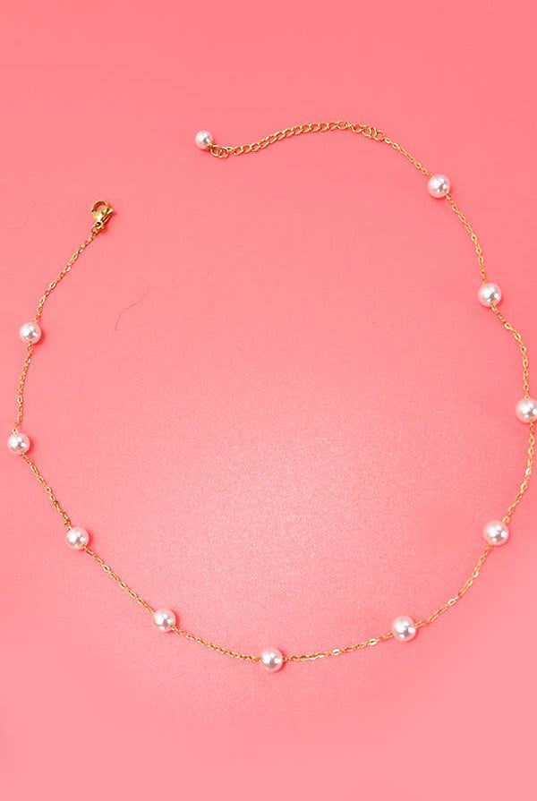 TITANIUM STEEL NON-TARNISH PEARL STATION NECKLACE | 40NK334-Necklaces-JOSSLYN by wall to wall-Stuffology - Where Vintage Meets Modern, A Boutique for Real Women in Crosbyton, TX