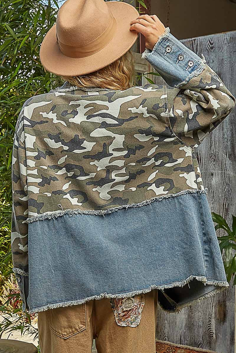 Camo /Denim crochet patch printed twill woven jacket-Jackets-Pol Clothing-Stuffology - Where Vintage Meets Modern, A Boutique for Real Women in Crosbyton, TX