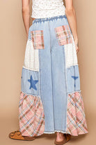 Star patch detail solid chambray wide pants-Pants-Pol Clothing-Stuffology - Where Vintage Meets Modern, A Boutique for Real Women in Crosbyton, TX