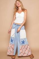 Star patch detail solid chambray wide pants-Pants-Pol Clothing-Stuffology - Where Vintage Meets Modern, A Boutique for Real Women in Crosbyton, TX