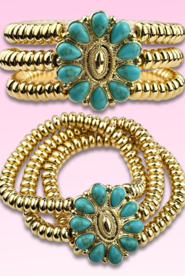 Turquoise concho bead bracelet-Bracelets-Pink Panache Brands-Stuffology - Where Vintage Meets Modern, A Boutique for Real Women in Crosbyton, TX