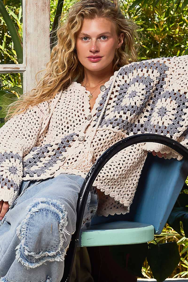 Hand knit squares hooded button closure cardigan-Sweater Cardigan-Pol Clothing-Stuffology - Where Vintage Meets Modern, A Boutique for Real Women in Crosbyton, TX