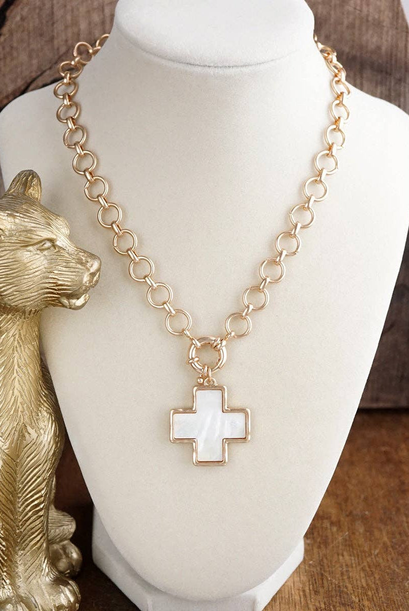 Luminous Cross – Mother of Pearl Charm Necklace-Necklaces-PennyLine inc-Stuffology - Where Vintage Meets Modern, A Boutique for Real Women in Crosbyton, TX