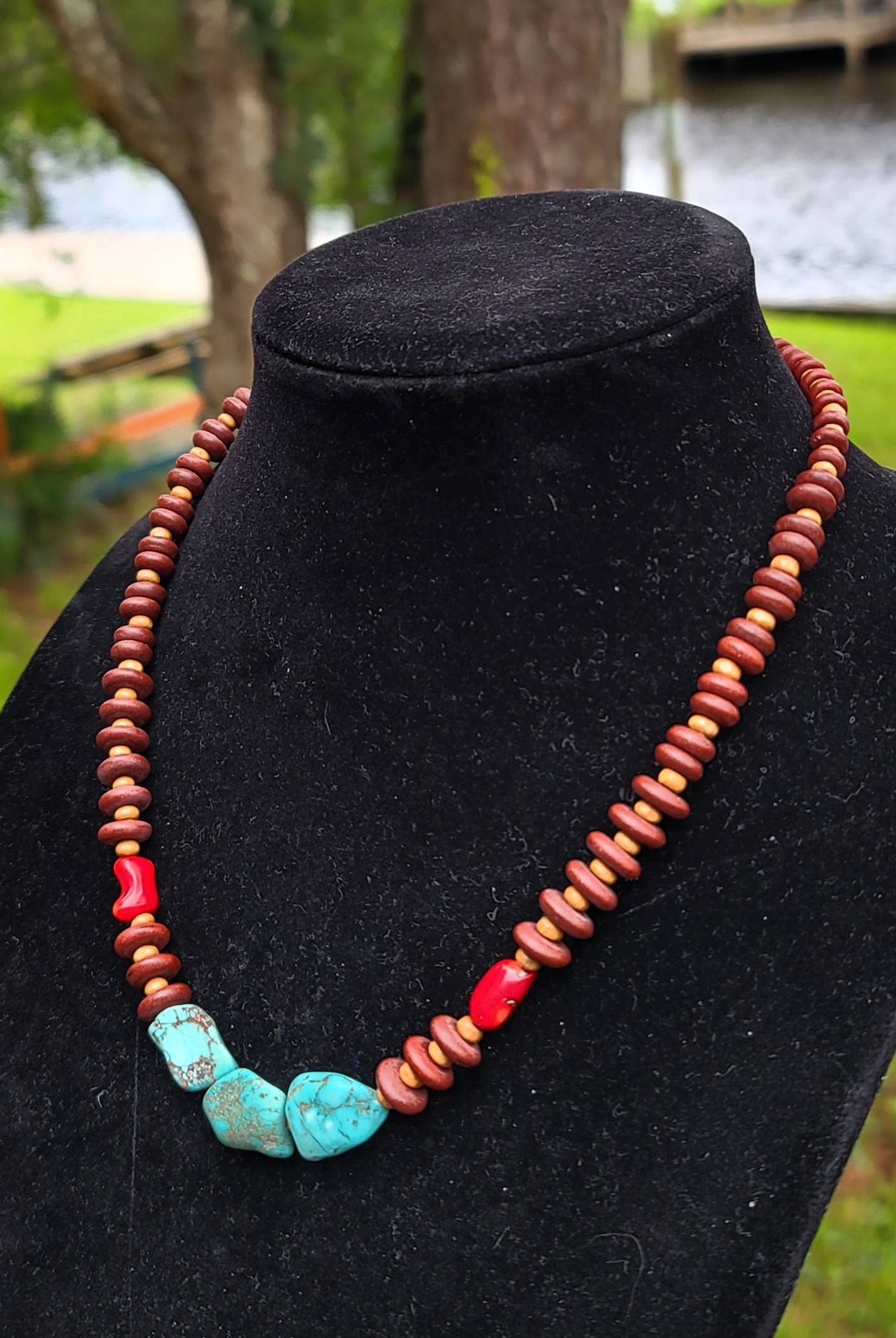 Turquoise, Coral Necklace, wood beads Native American made-Necklaces-Horse Spirit Studio-Stuffology - Where Vintage Meets Modern, A Boutique for Real Women in Crosbyton, TX
