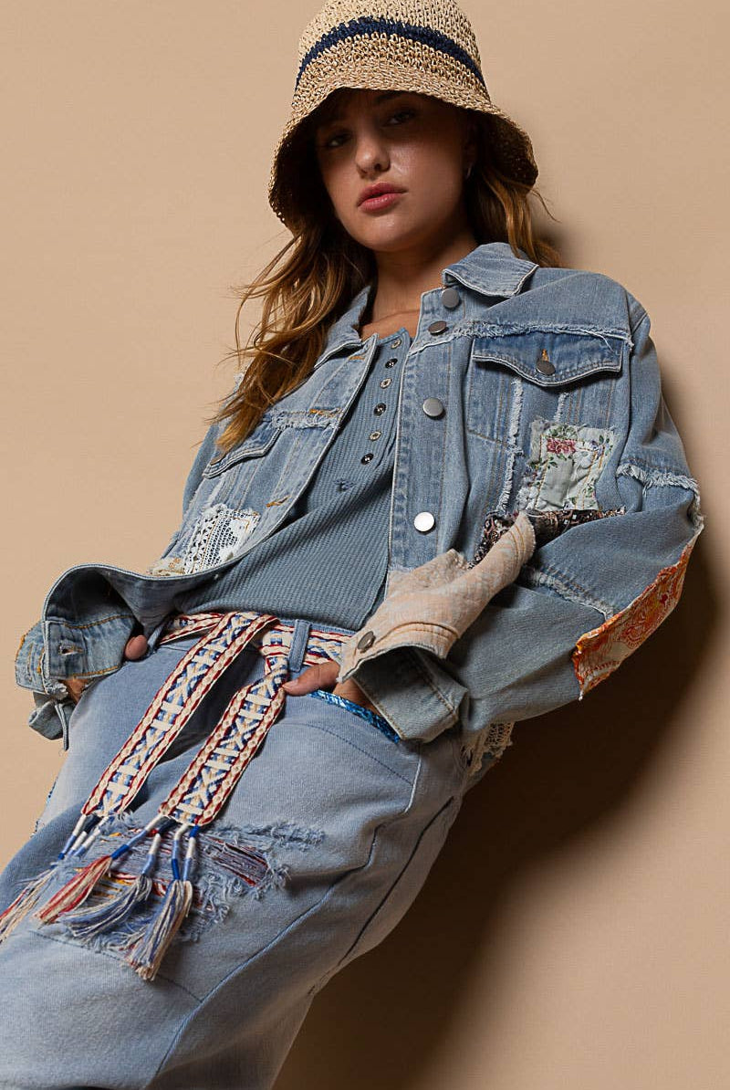 Distressed Outseam Patch Detail Button Down Denim Jacket /Stuffology Boutique-Jackets-Pol Clothing-Stuffology - Where Vintage Meets Modern, A Boutique for Real Women in Crosbyton, TX