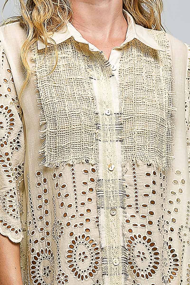 Boho Lace Panel Tassel Tie Detail Eyelet Shirt Dress-Dresses-Pol Clothing-Stuffology - Where Vintage Meets Modern, A Boutique for Real Women in Crosbyton, TX