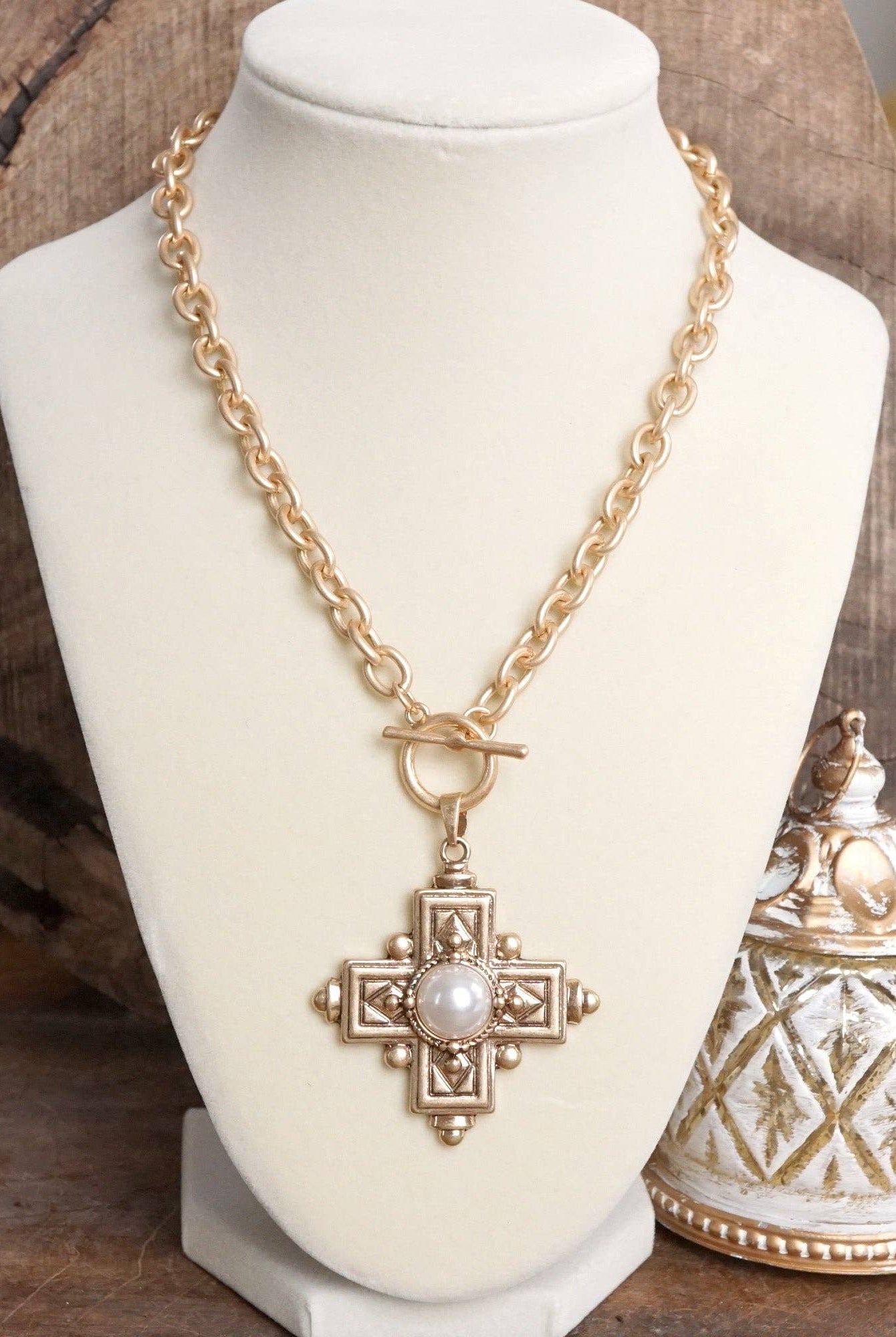 Decorative Cross Necklace Worn Gold Tone Front Toggle and Pearl-Necklaces-PennyLine inc-Stuffology - Where Vintage Meets Modern, A Boutique for Real Women in Crosbyton, TX