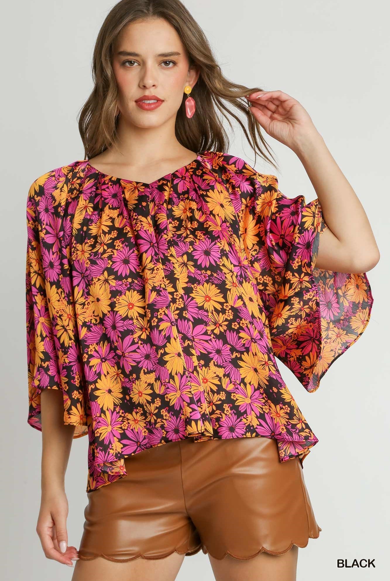 Bright Floral Print V-Neck Pleated Top with 3/4 Bell Sleeves / Stuffology Boutique-Top-Umgee-Stuffology - Where Vintage Meets Modern, A Boutique for Real Women in Crosbyton, TX