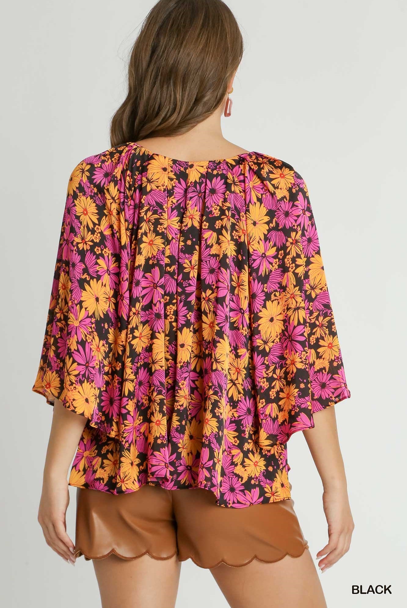 Bright Floral Print V-Neck Pleated Top with 3/4 Bell Sleeves / Stuffology Boutique-Top-Umgee-Stuffology - Where Vintage Meets Modern, A Boutique for Real Women in Crosbyton, TX