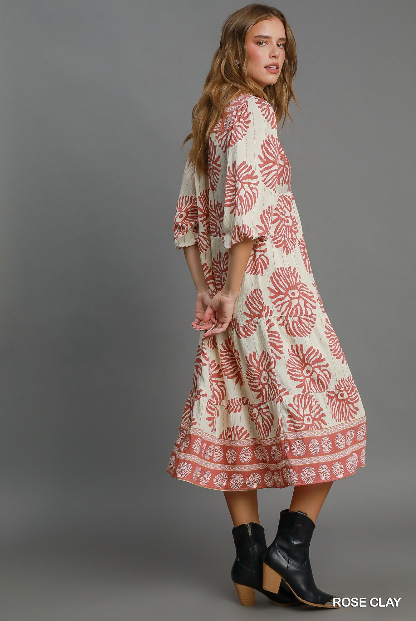 Rose Clay Border Print Tiered Midi Dress-Dresses-Umgee-Stuffology - Where Vintage Meets Modern, A Boutique for Real Women in Crosbyton, TX