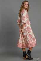Rose Clay Border Print Tiered Midi Dress-Dresses-Umgee-Stuffology - Where Vintage Meets Modern, A Boutique for Real Women in Crosbyton, TX