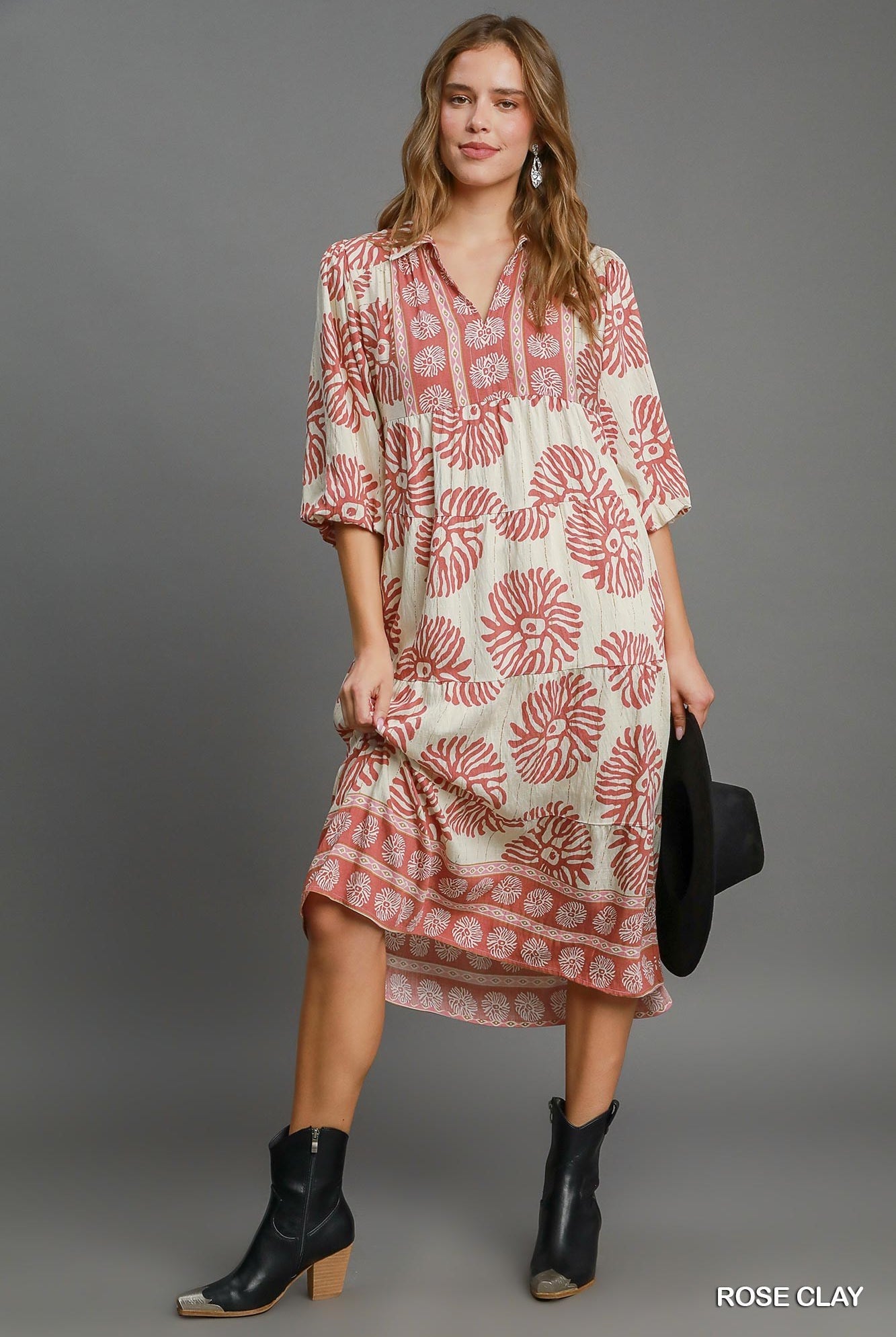 Rose Clay Border Print Tiered Midi Dress-Dresses-Umgee-Stuffology - Where Vintage Meets Modern, A Boutique for Real Women in Crosbyton, TX