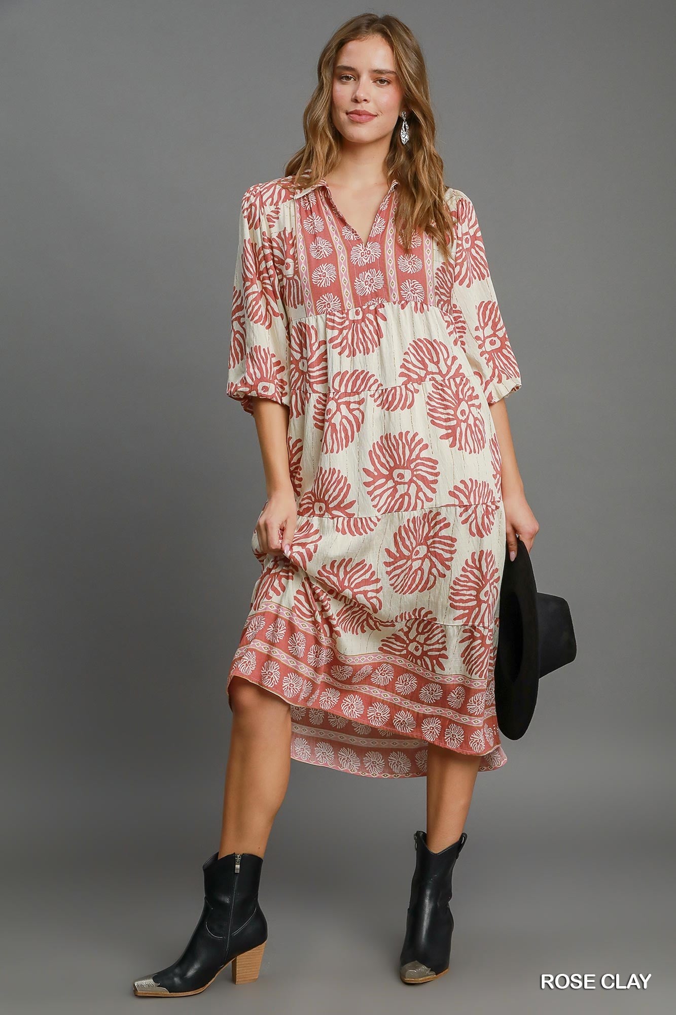 Rose Clay Border Print Tiered Midi Dress-Dresses-Umgee-Stuffology - Where Vintage Meets Modern, A Boutique for Real Women in Crosbyton, TX