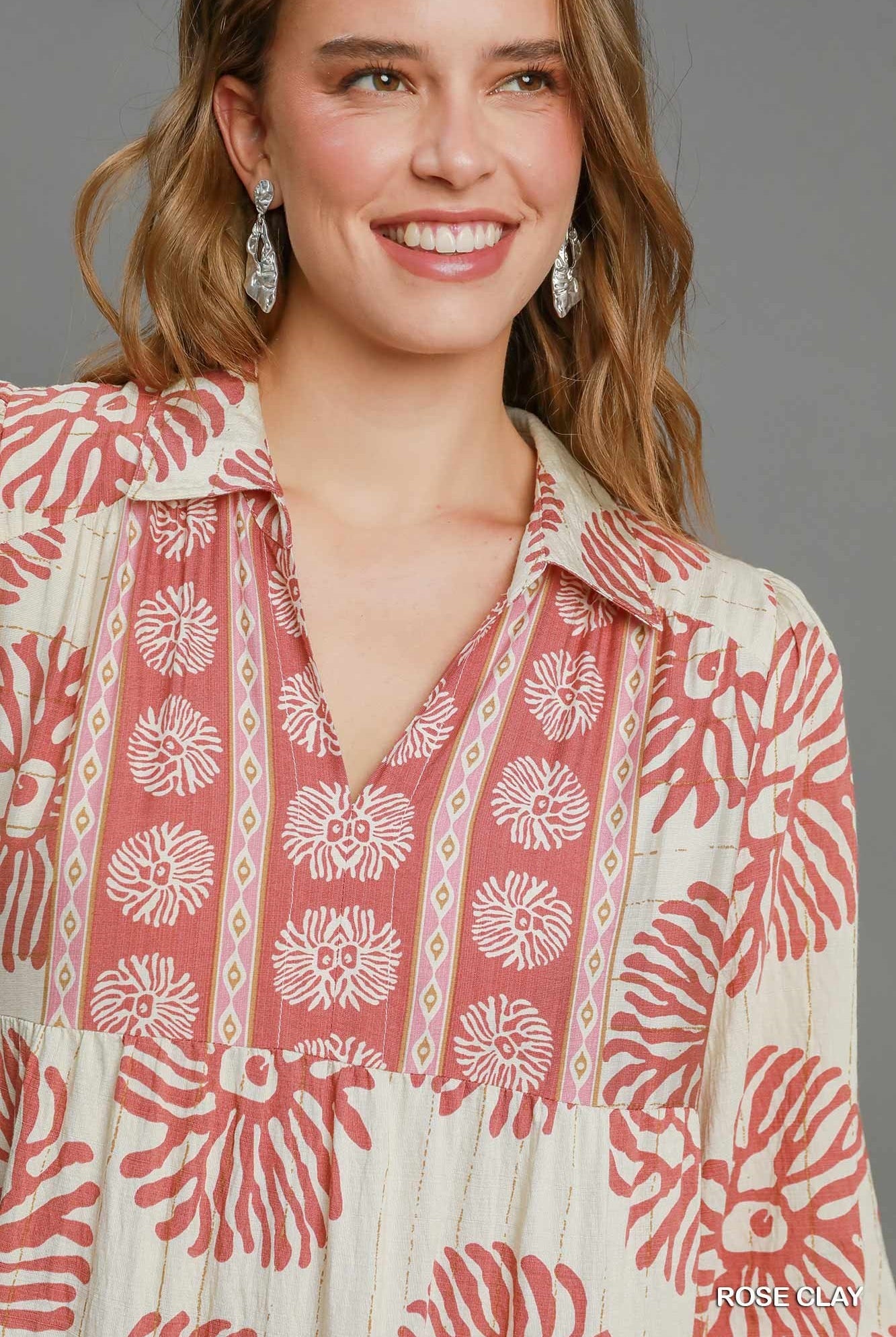 Rose Clay Border Print Tiered Midi Dress-Dresses-Umgee-Stuffology - Where Vintage Meets Modern, A Boutique for Real Women in Crosbyton, TX