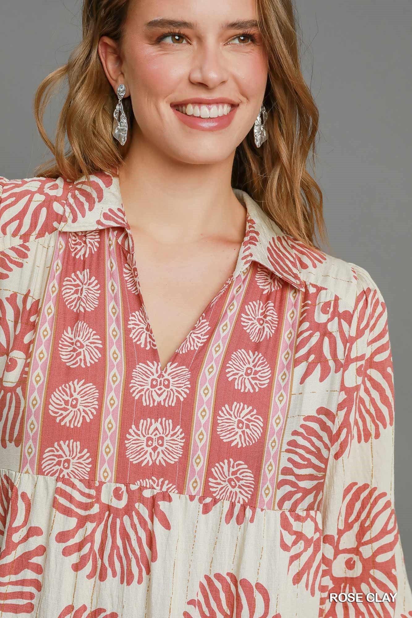 Rose Clay Border Print Tiered Midi Dress-Dresses-Umgee-Stuffology - Where Vintage Meets Modern, A Boutique for Real Women in Crosbyton, TX