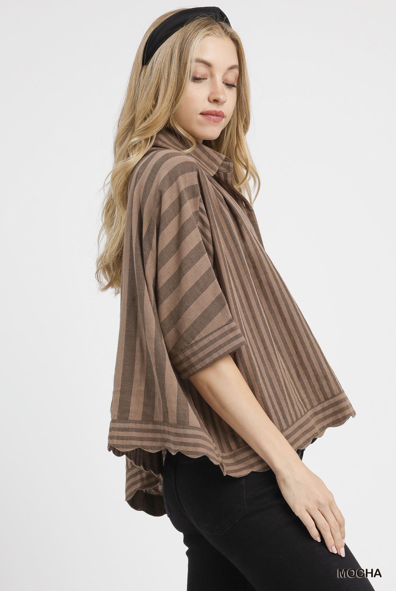 Mocha Mixed Stripe Button Down Shirt-Loose Fit Top-Umgee-Stuffology - Where Vintage Meets Modern, A Boutique for Real Women in Crosbyton, TX