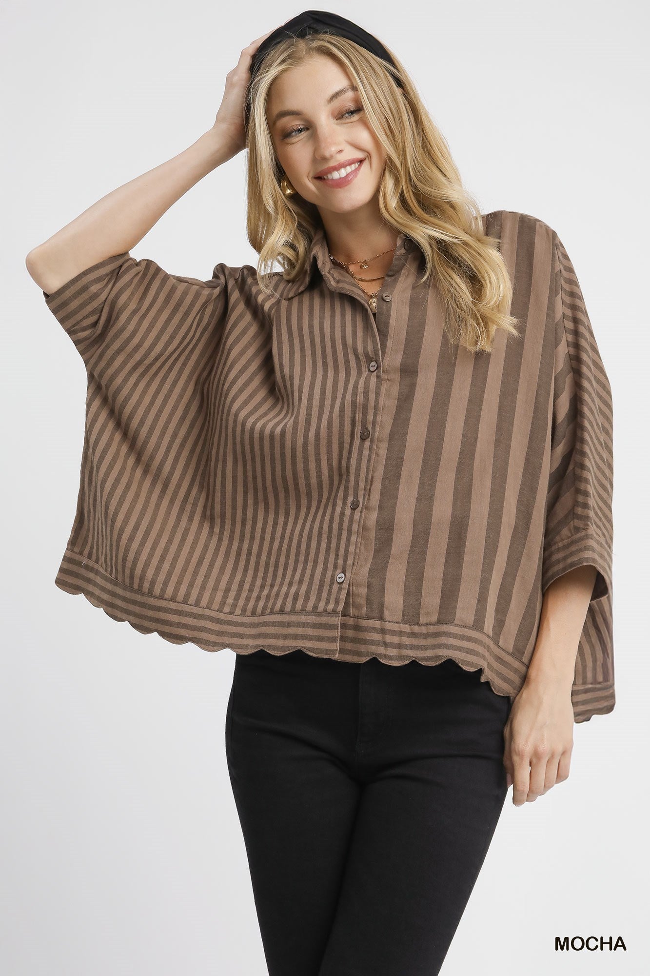 Mocha Mixed Stripe Button Down Shirt-Loose Fit Top-Umgee-Stuffology - Where Vintage Meets Modern, A Boutique for Real Women in Crosbyton, TX