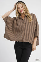 Mocha Mixed Stripe Button Down Shirt-Loose Fit Top-Umgee-Stuffology - Where Vintage Meets Modern, A Boutique for Real Women in Crosbyton, TX