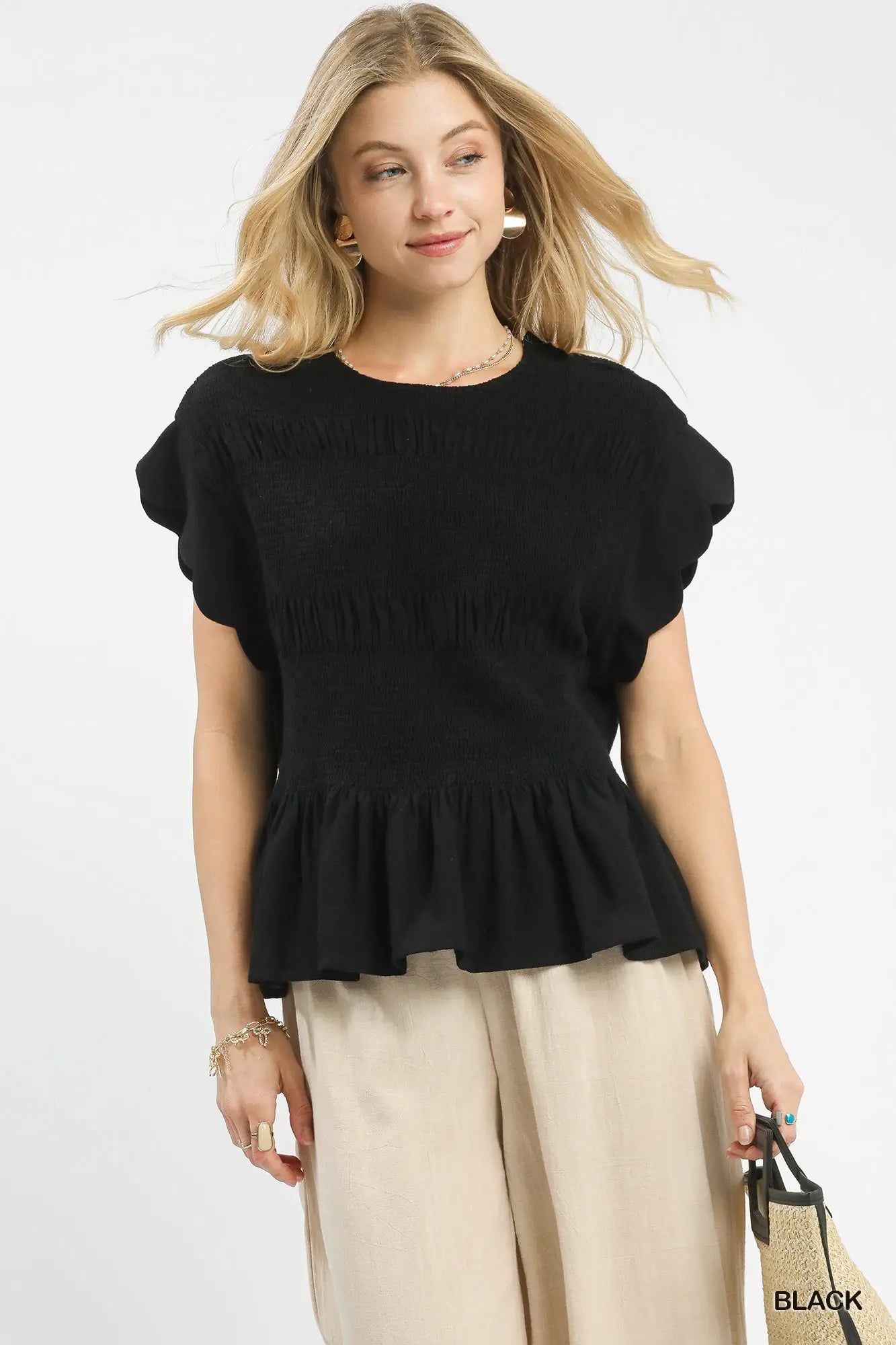 Linen Blend Smocked Peplum Top-Top-Umgee-Stuffology - Where Vintage Meets Modern, A Boutique for Real Women in Crosbyton, TX