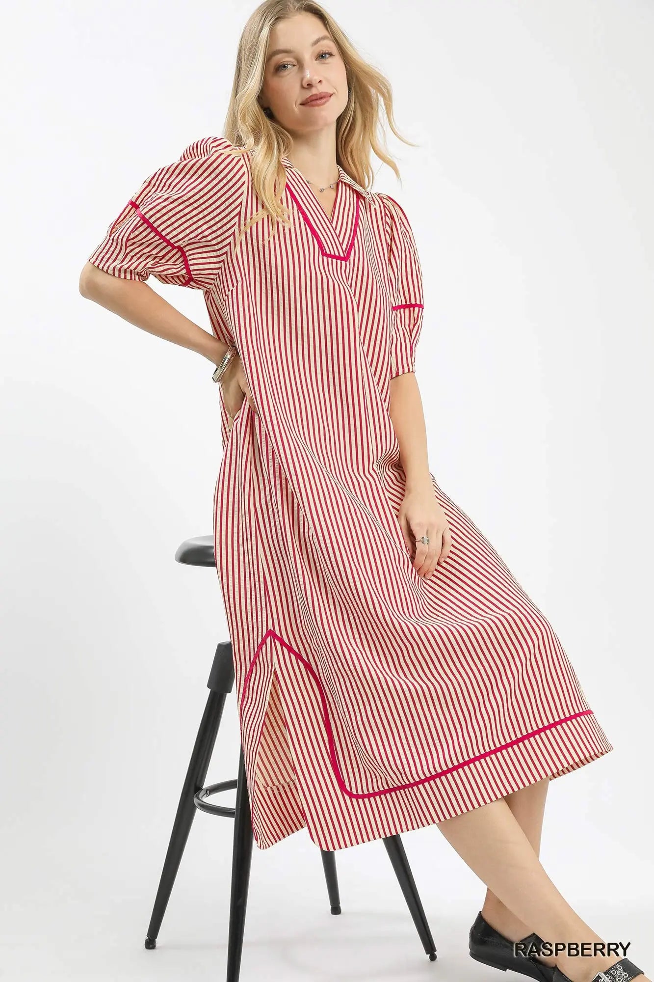 Raspberry Stripe Puff Sleeve Midi Dress-Dresses-Umgee-Stuffology - Where Vintage Meets Modern, A Boutique for Real Women in Crosbyton, TX