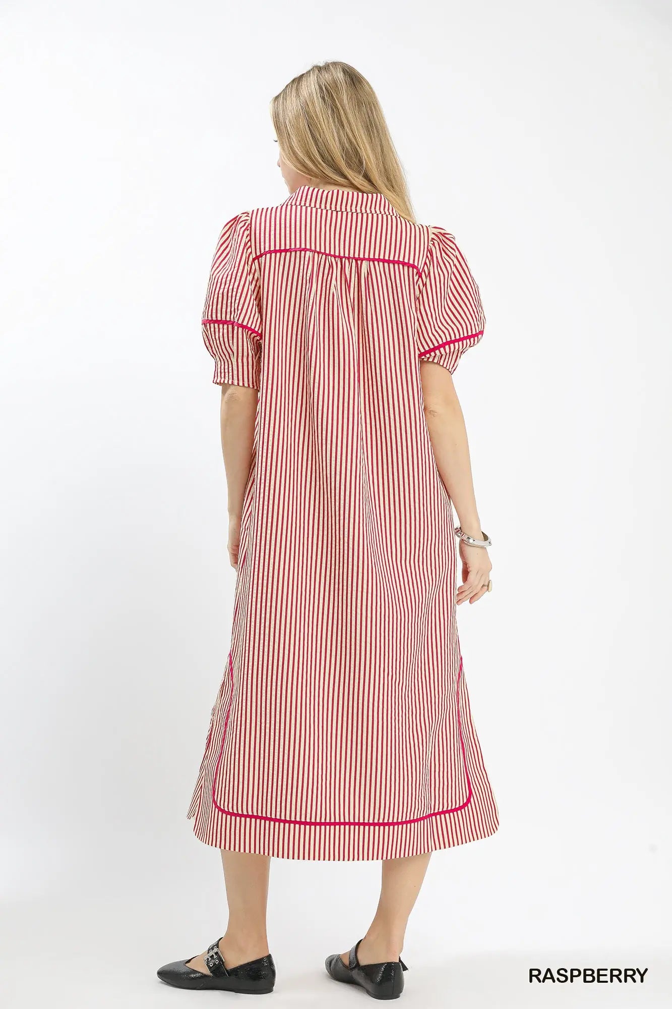 Raspberry Stripe Puff Sleeve Midi Dress-Dresses-Umgee-Stuffology - Where Vintage Meets Modern, A Boutique for Real Women in Crosbyton, TX