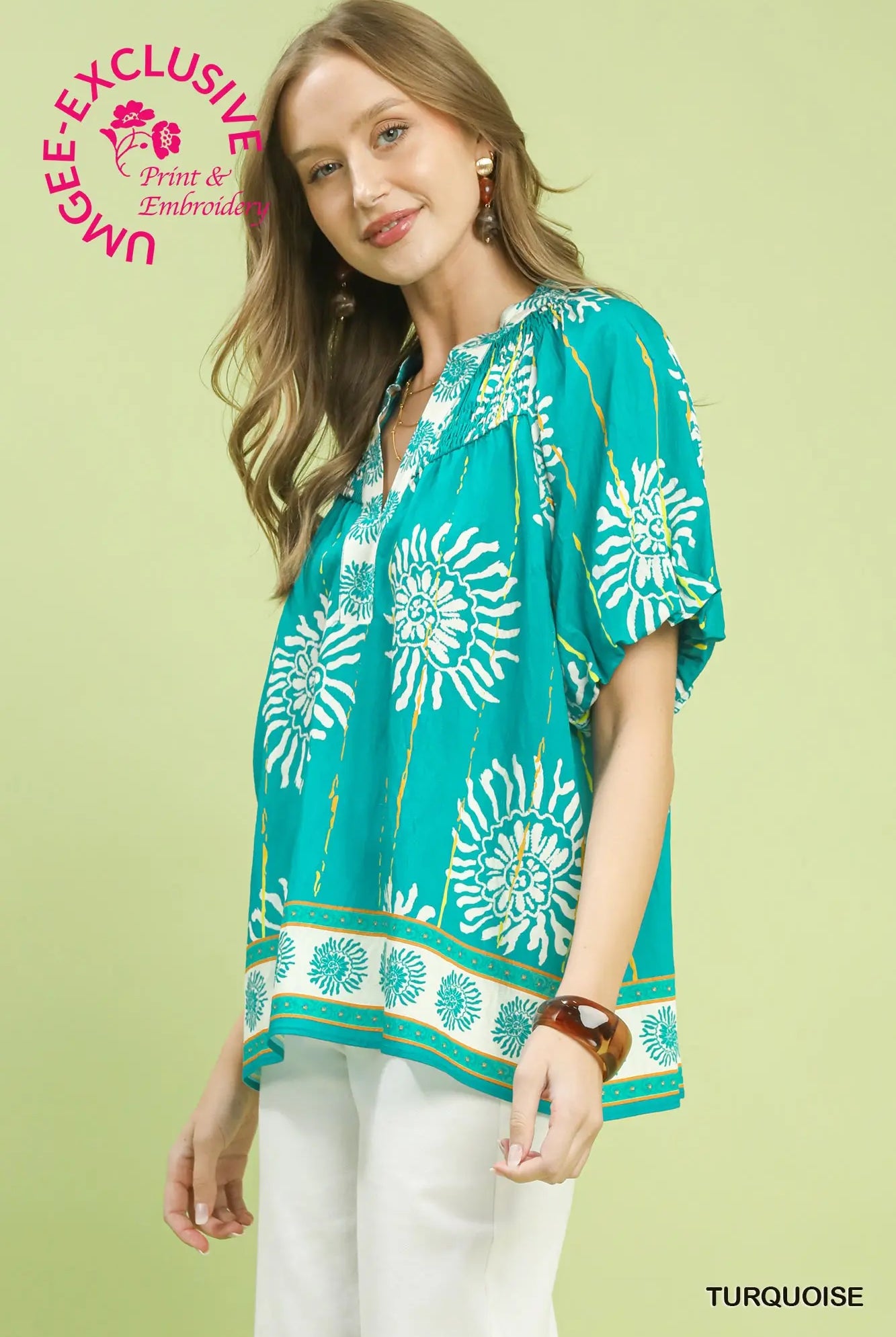 Floral Turquoise V-Neck Blouse-Blouse-Umgee-Stuffology - Where Vintage Meets Modern, A Boutique for Real Women in Crosbyton, TX