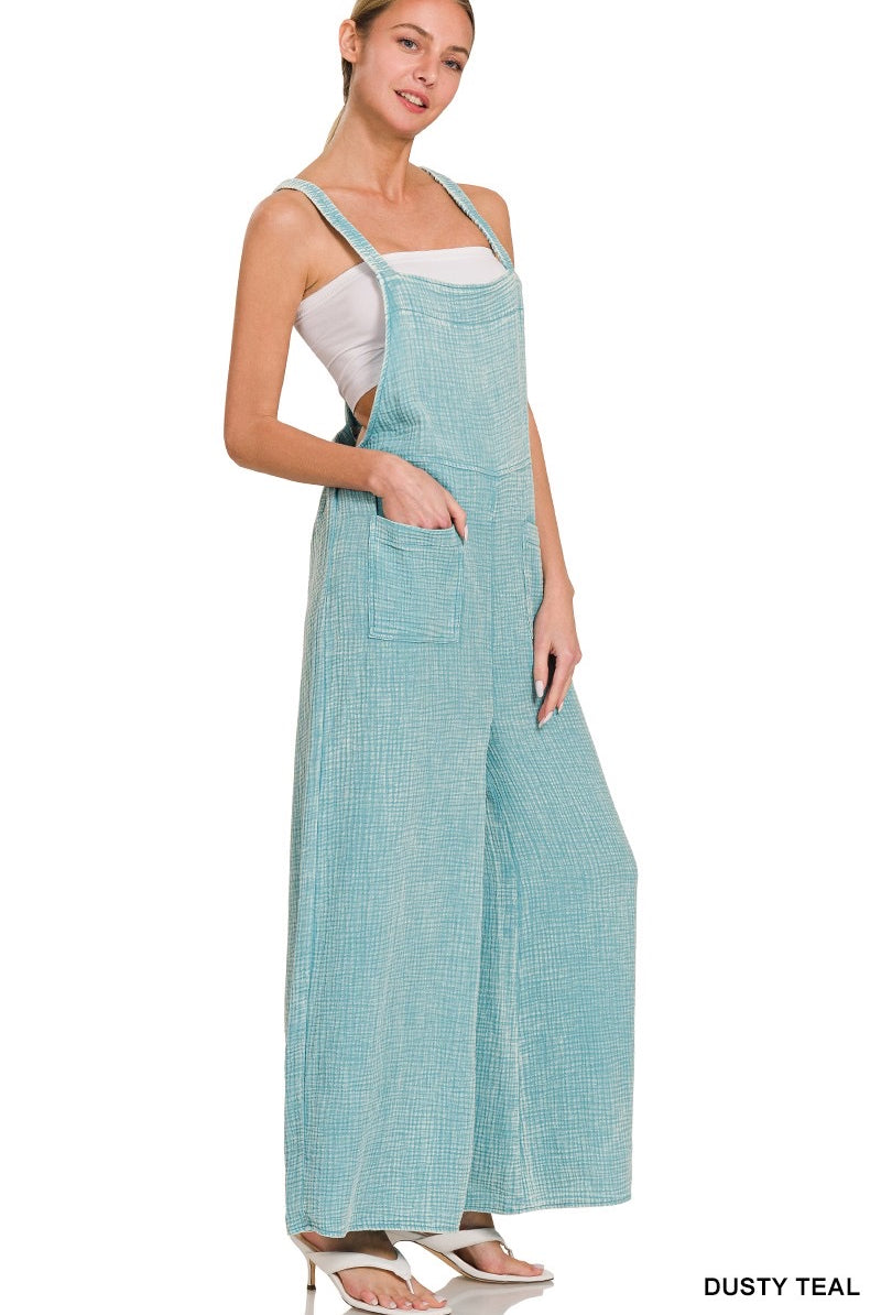 Dusty Teal Washed Double Gauze Wide Leg Overalls-Jumpsuit-Zenana-Stuffology - Where Vintage Meets Modern, A Boutique for Real Women in Crosbyton, TX