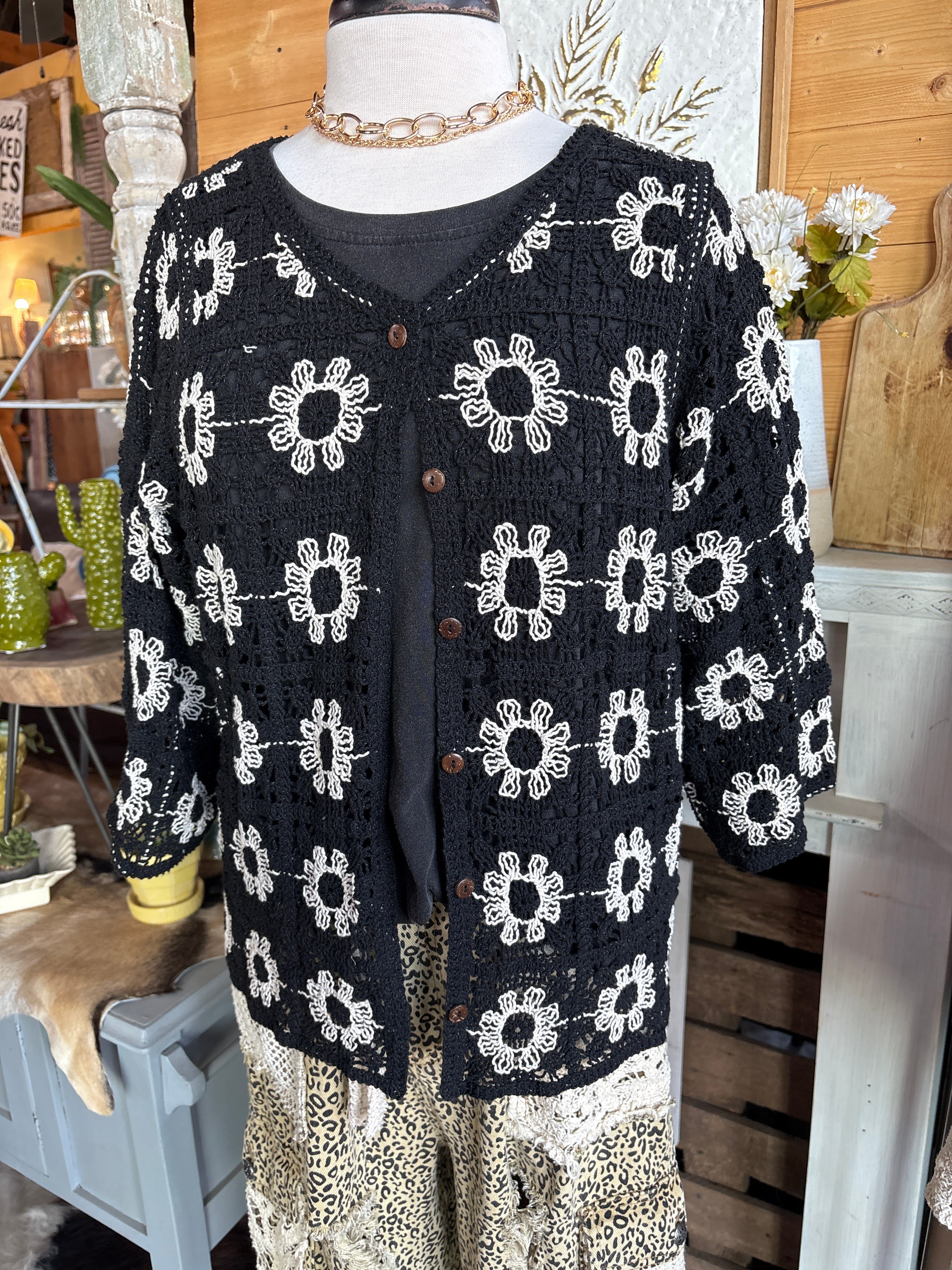 POL Clothing Black and Ivory Crochet Button Short Sleeve Sweater-Sweater Cardigan-POL Clothing-Stuffology - Where Vintage Meets Modern, A Boutique for Real Women in Crosbyton, TX