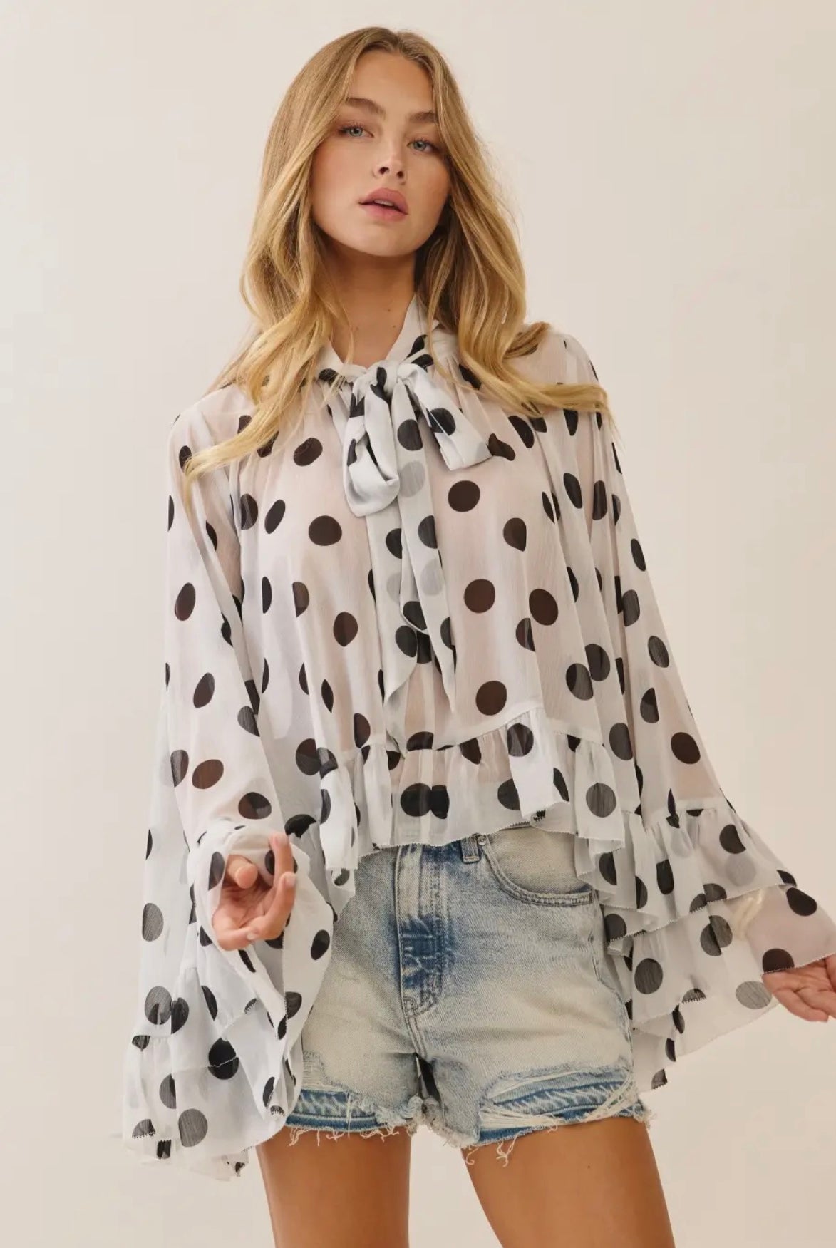 Polka Dot Sheer Chiffon Ruffle Blouse with Tie Neckline-Top-ODDI-Stuffology - Where Vintage Meets Modern, A Boutique for Real Women in Crosbyton, TX