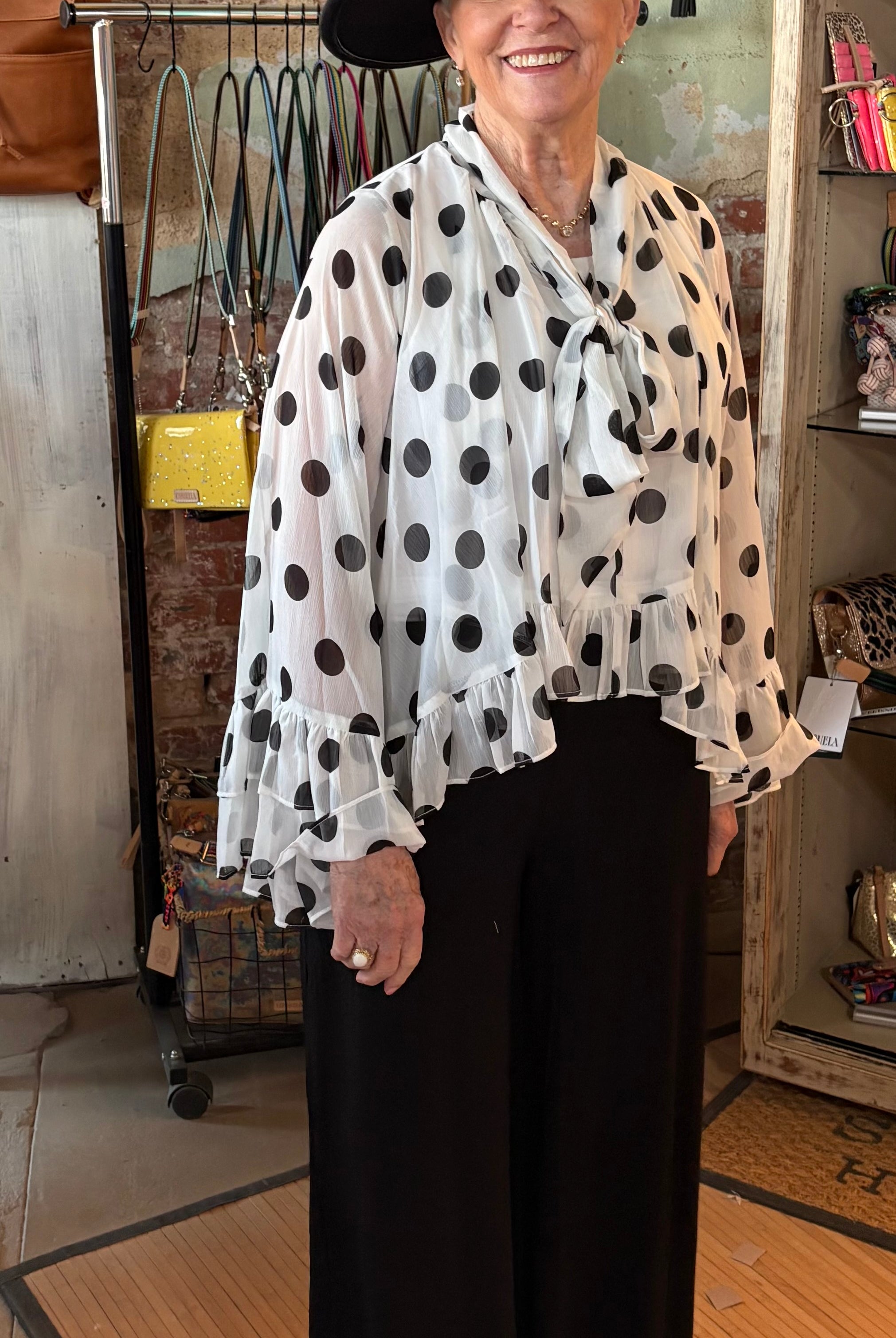Polka Dot Sheer Chiffon Ruffle Blouse with Tie Neckline-Top-ODDI-Stuffology - Where Vintage Meets Modern, A Boutique for Real Women in Crosbyton, TX