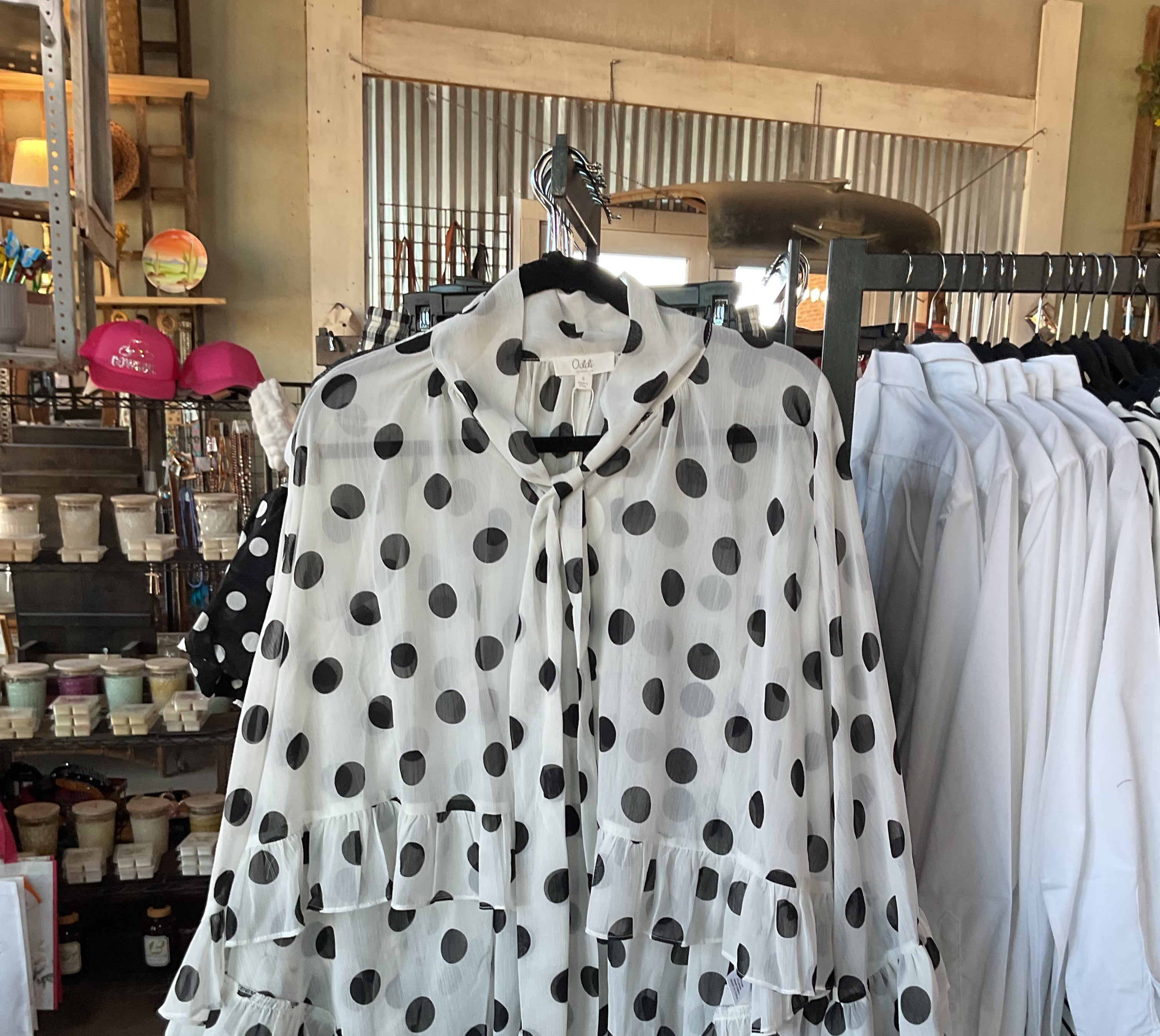 Polka Dot Sheer Chiffon Ruffle Blouse with Tie Neckline-Top-ODDI-Stuffology - Where Vintage Meets Modern, A Boutique for Real Women in Crosbyton, TX