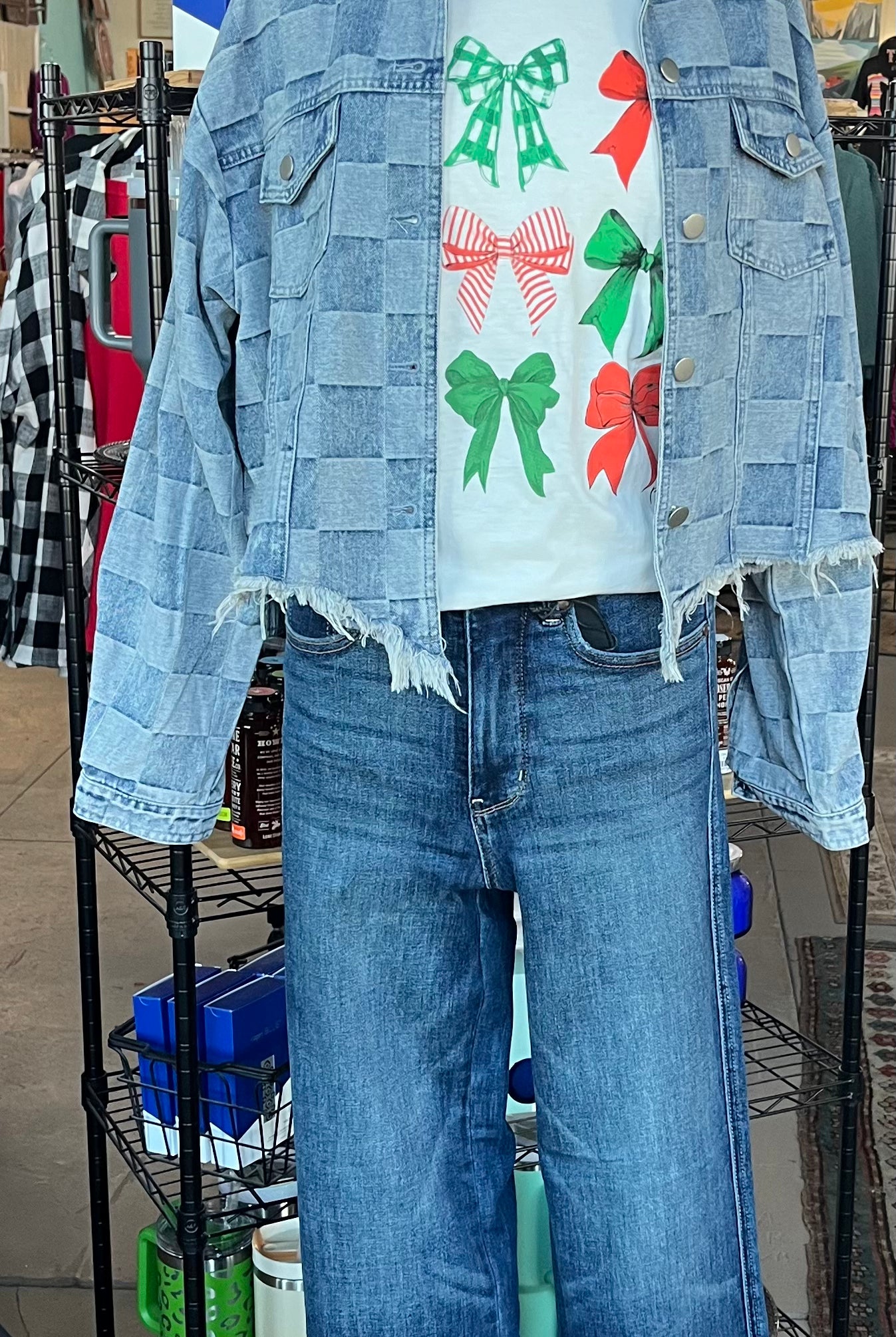 Washed Checker Denim Distressed Hem Jacket /Stuffology Boutique-Jackets-BiBi-Stuffology - Where Vintage Meets Modern, A Boutique for Real Women in Crosbyton, TX