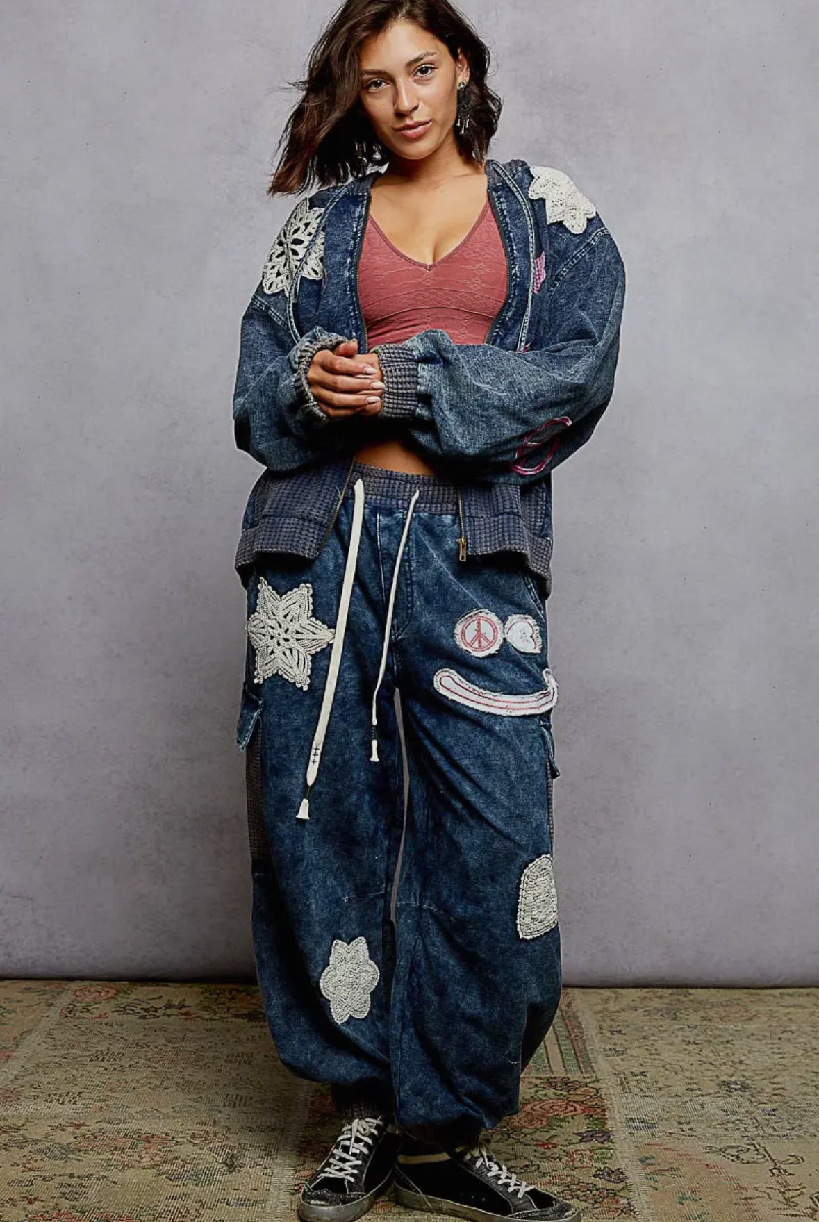 POL Clothing - French Terry Crochet Patch Jogger Pants-Joggers-Stuffology Boutique -Stuffology - Where Vintage Meets Modern, A Boutique for Real Women in Crosbyton, TX