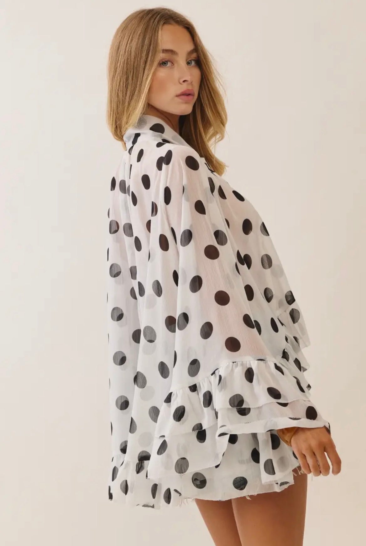 Polka Dot Sheer Chiffon Ruffle Blouse with Tie Neckline-Top-ODDI-Stuffology - Where Vintage Meets Modern, A Boutique for Real Women in Crosbyton, TX
