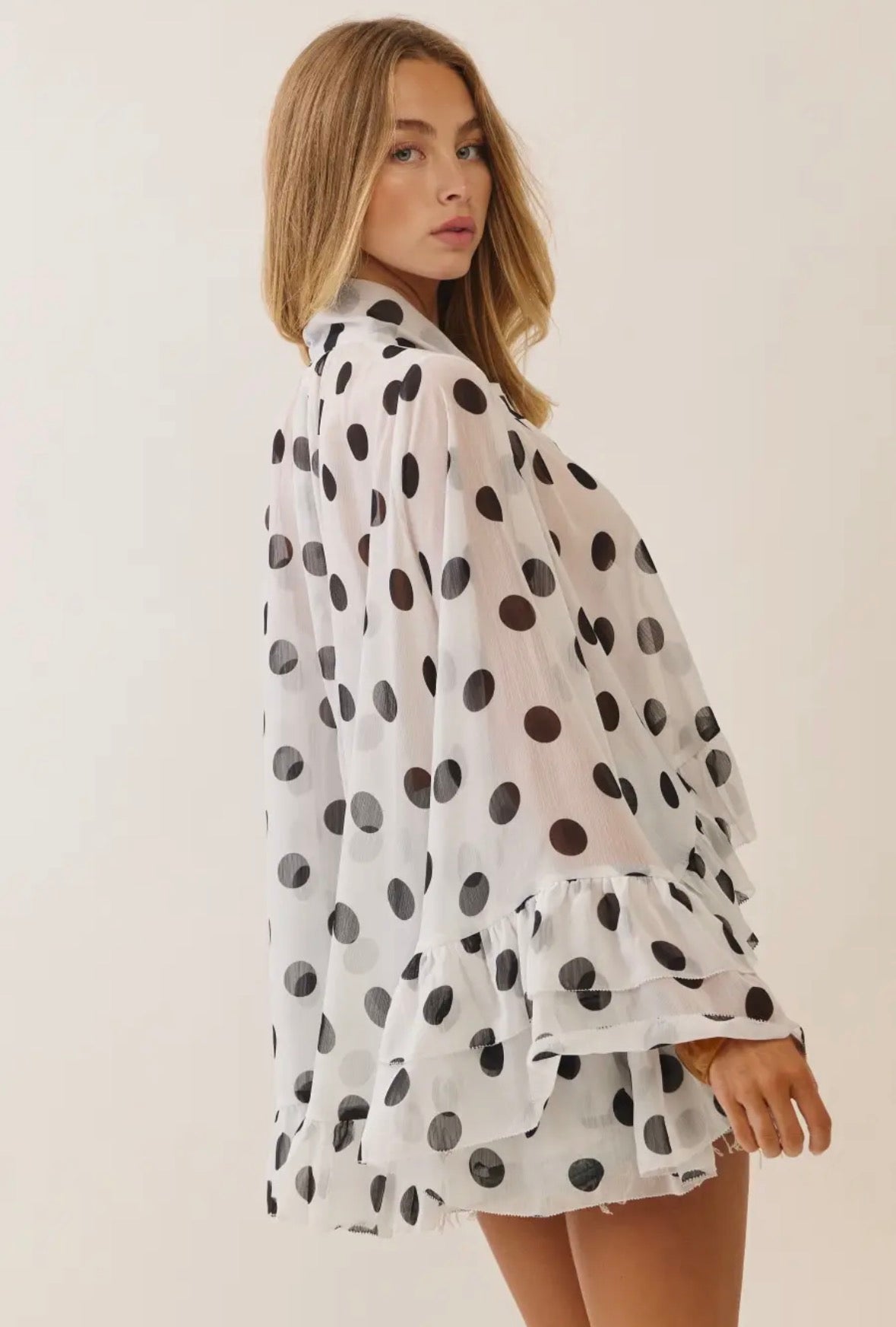 Polka Dot Sheer Chiffon Ruffle Blouse with Tie Neckline-Top-ODDI-Stuffology - Where Vintage Meets Modern, A Boutique for Real Women in Crosbyton, TX