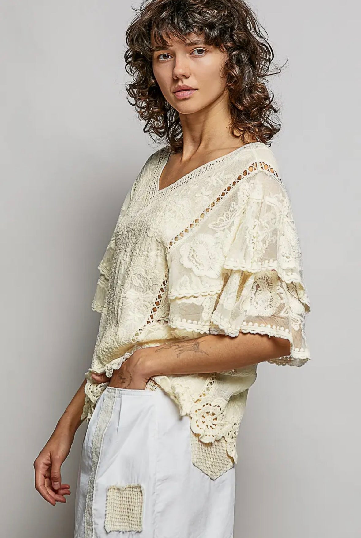 Cream Crochet Lace Flutter Sleeve Top-TOP-Stuffology Boutique -Stuffology - Where Vintage Meets Modern, A Boutique for Real Women in Crosbyton, TX