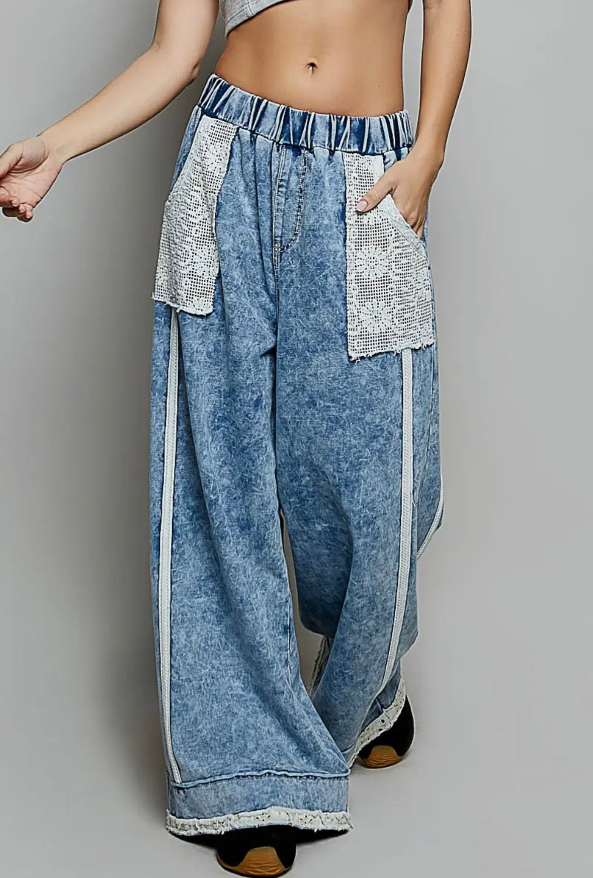 POL Clothing Boho Crochet Pocket Mineral Wash Jeans-Stuffology Boutique -Stuffology - Where Vintage Meets Modern, A Boutique for Real Women in Crosbyton, TX