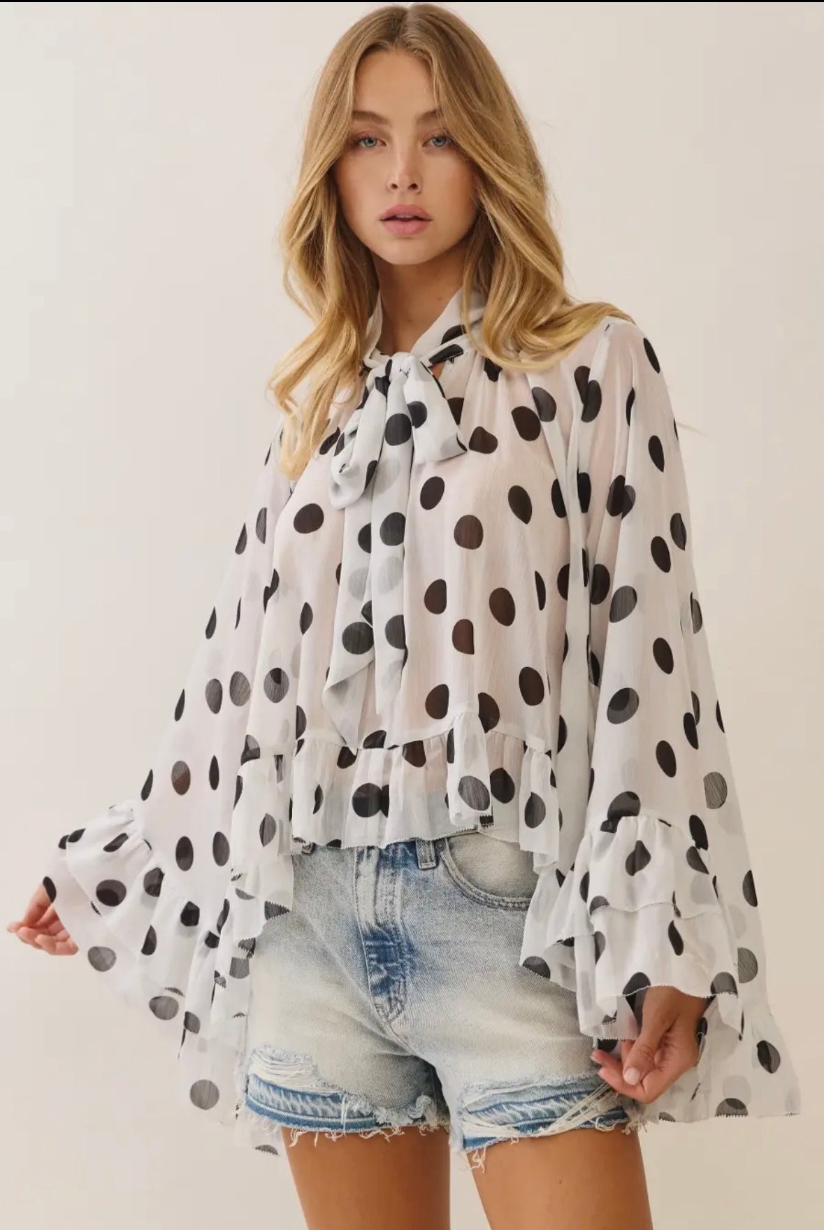 Polka Dot Sheer Chiffon Ruffle Blouse with Tie Neckline-Top-ODDI-Stuffology - Where Vintage Meets Modern, A Boutique for Real Women in Crosbyton, TX
