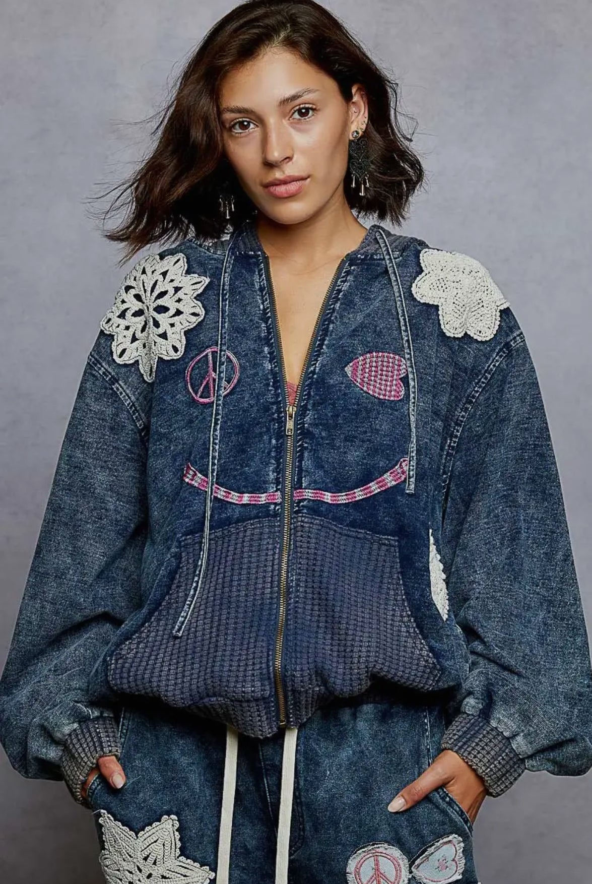 POL Clothing French Terry Crochet Patch Hoodie - Love & Peace Style-Hoodie-Stuffology Boutique -Stuffology - Where Vintage Meets Modern, A Boutique for Real Women in Crosbyton, TX