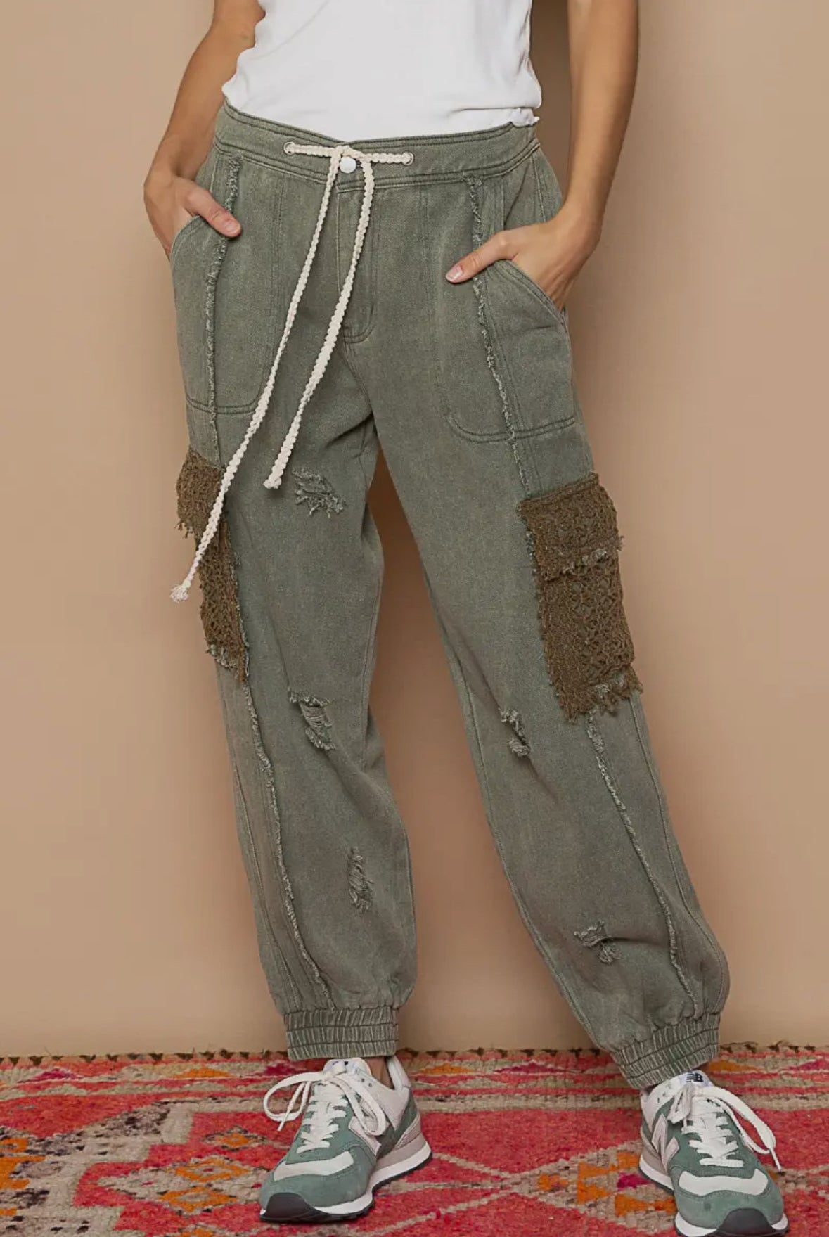 POL Clothing Shadow Green Tie Waistband Contrast Crochet Cargo Pockets Denim Joggers-Joggers-Pol Clothing-Stuffology - Where Vintage Meets Modern, A Boutique for Real Women in Crosbyton, TX