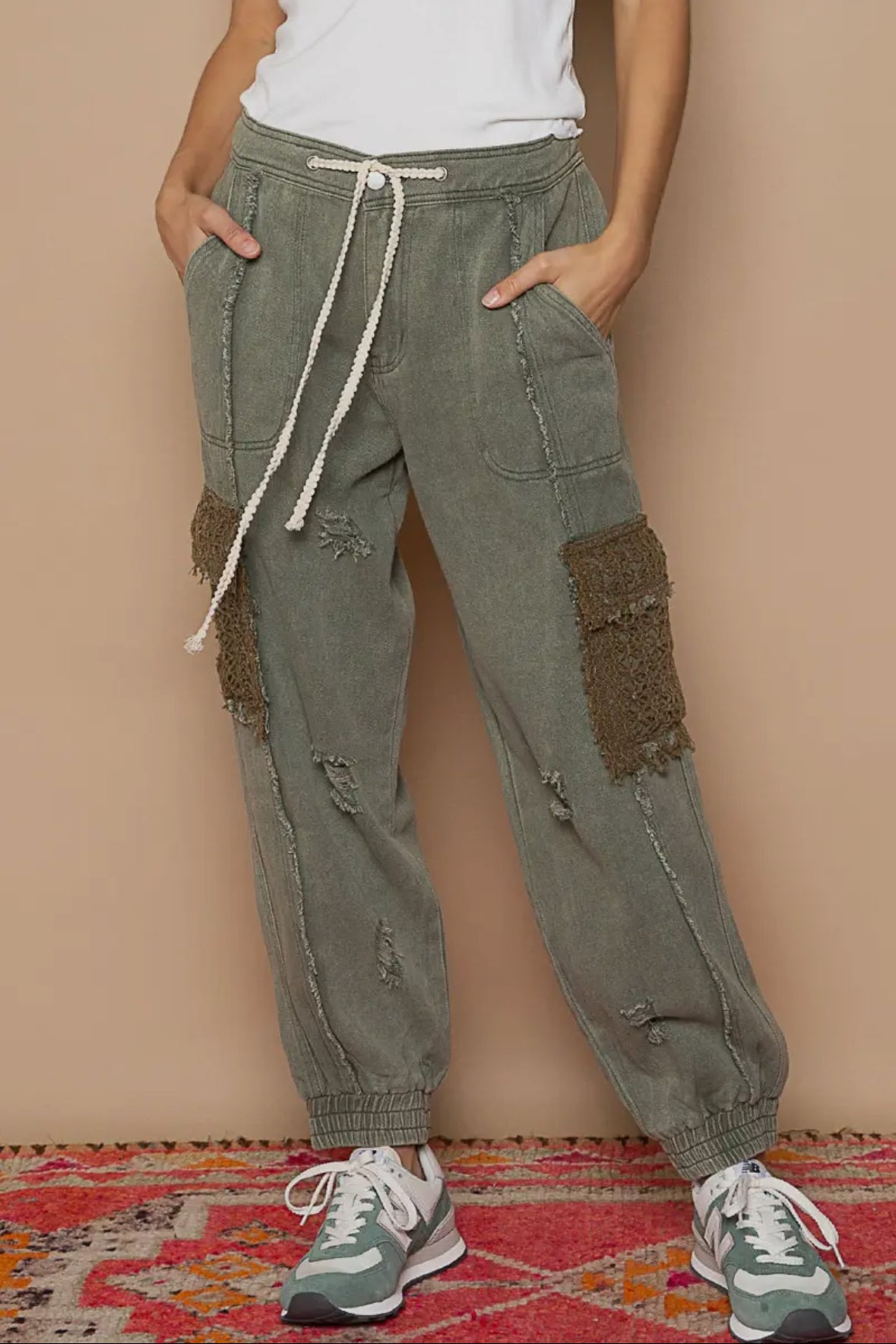 POL Clothing Shadow Green Tie Waistband Contrast Crochet Cargo Pockets Denim Joggers-Joggers-Pol Clothing-Stuffology - Where Vintage Meets Modern, A Boutique for Real Women in Crosbyton, TX