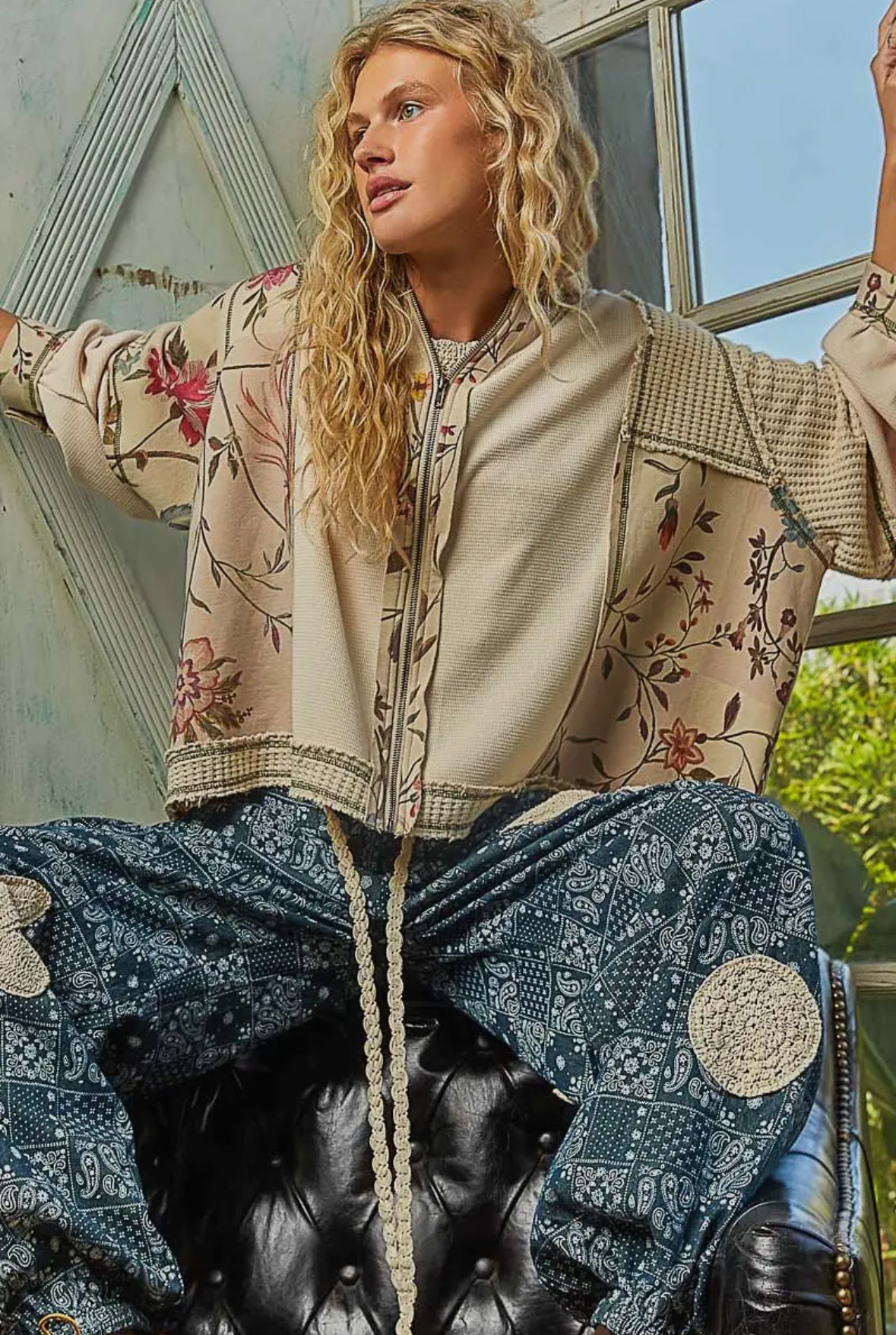 POL Clothing Floral Patchwork Thermal Hoodie Jacket-Jackets-Pol Clothing-Stuffology - Where Vintage Meets Modern, A Boutique for Real Women in Crosbyton, TX