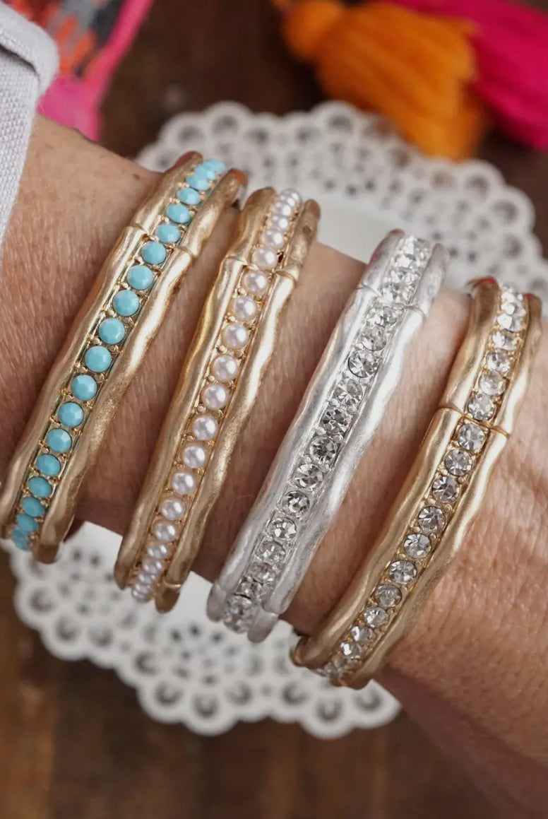 Minimalist TurquoiseCrystal Bangle Bracelet – Brushed Gold-PennyLine inc-Stuffology - Where Vintage Meets Modern, A Boutique for Real Women in Crosbyton, TX