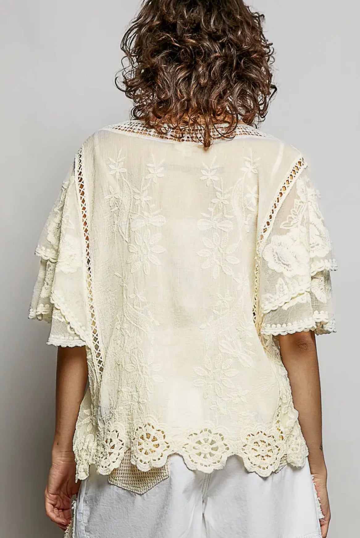 Cream Crochet Lace Flutter Sleeve Top-TOP-Stuffology Boutique -Stuffology - Where Vintage Meets Modern, A Boutique for Real Women in Crosbyton, TX