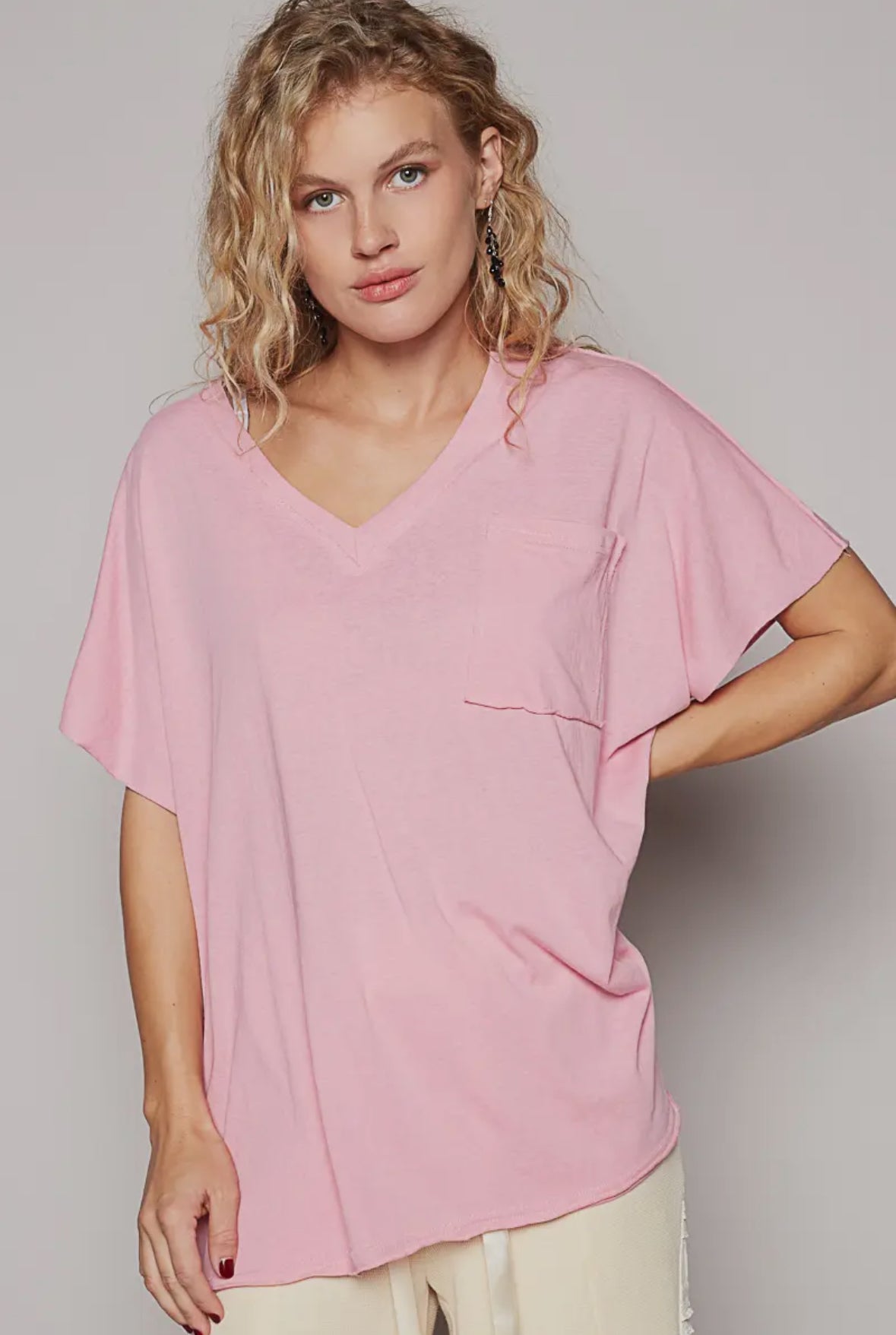 POL Clothing Oversized Front Pocket Pink V-Neck Top-TOP-POL Clothing-Stuffology - Where Vintage Meets Modern, A Boutique for Real Women in Crosbyton, TX