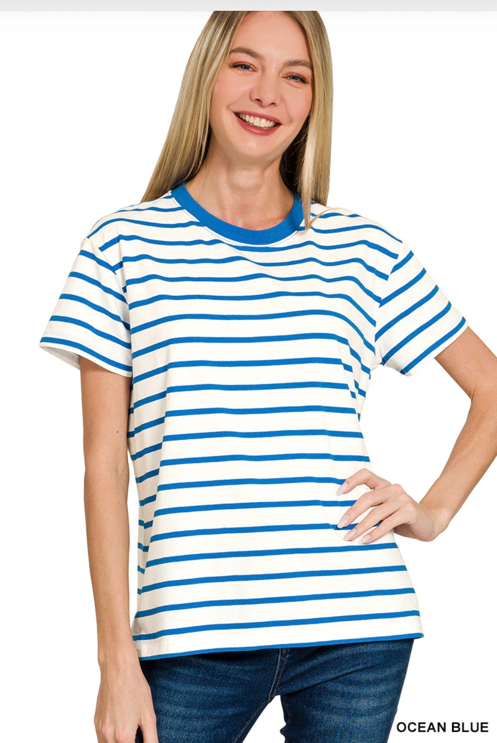 Blue Striped Crew Neck Tee-Tops-Zenana-Stuffology - Where Vintage Meets Modern, A Boutique for Real Women in Crosbyton, TX