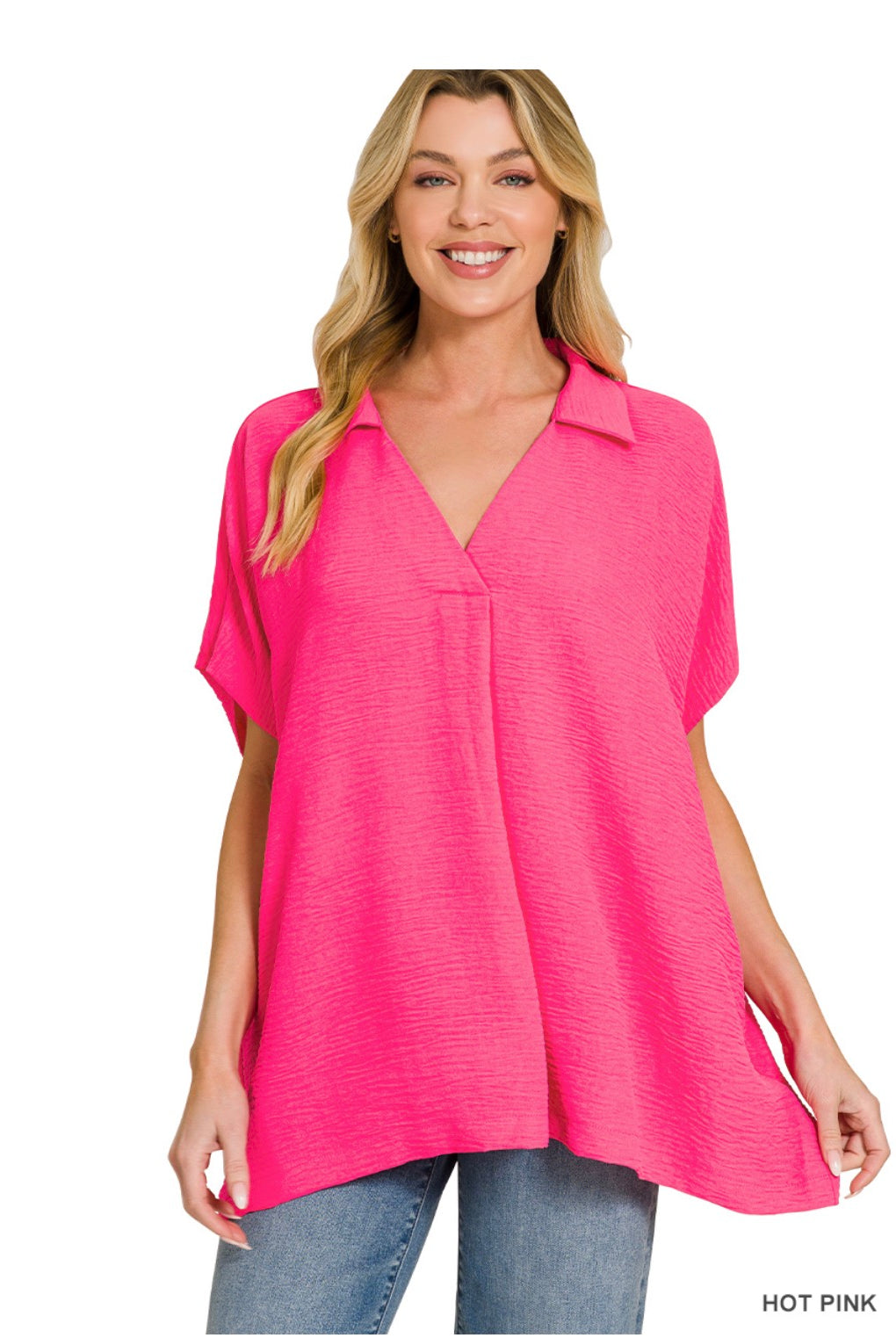 Hot Pink Oversized Airflow Collared Top-Oversized Top-Zenana-Stuffology - Where Vintage Meets Modern, A Boutique for Real Women in Crosbyton, TX