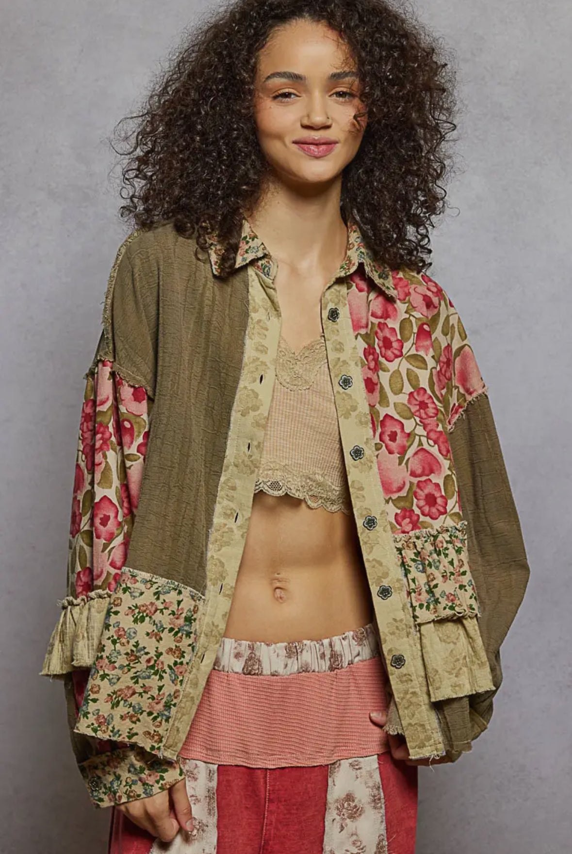 POL Clothing Long Sleeve Patchwork Double Gauze Shirt-Shirt / Jacket-POL Clothing-Stuffology - Where Vintage Meets Modern, A Boutique for Real Women in Crosbyton, TX