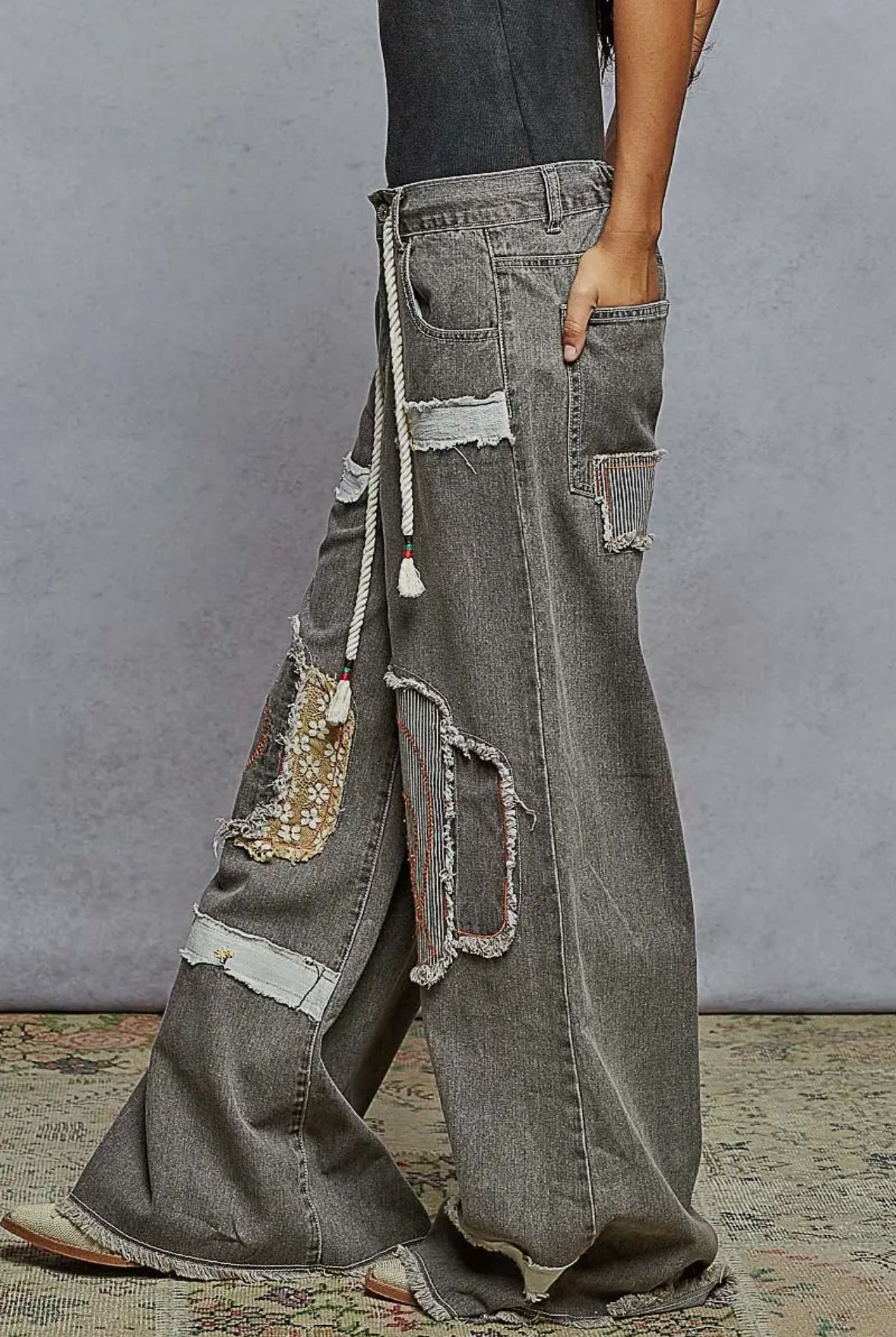 POL Clothing - Patchwork Wide Leg Twill Pants-Jeans-Pol Clothing-Stuffology - Where Vintage Meets Modern, A Boutique for Real Women in Crosbyton, TX